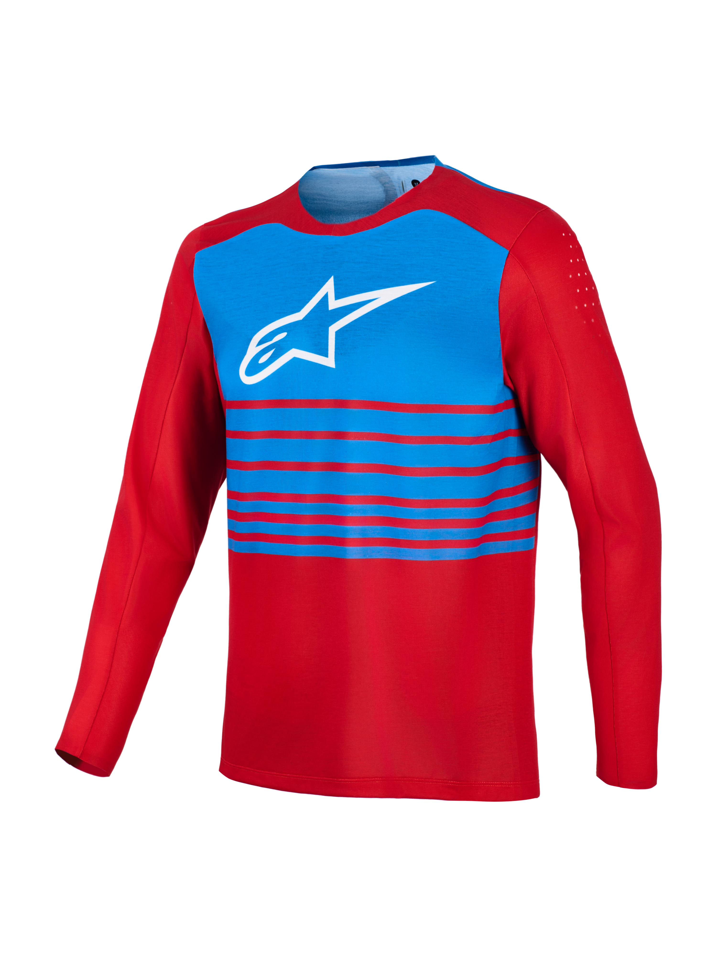 Czerwono-niebieska koszulka MTB A-Dura Elite 2.0 z długim rękawem, białym logo Alpinestars i wentylacją na bicepsach.