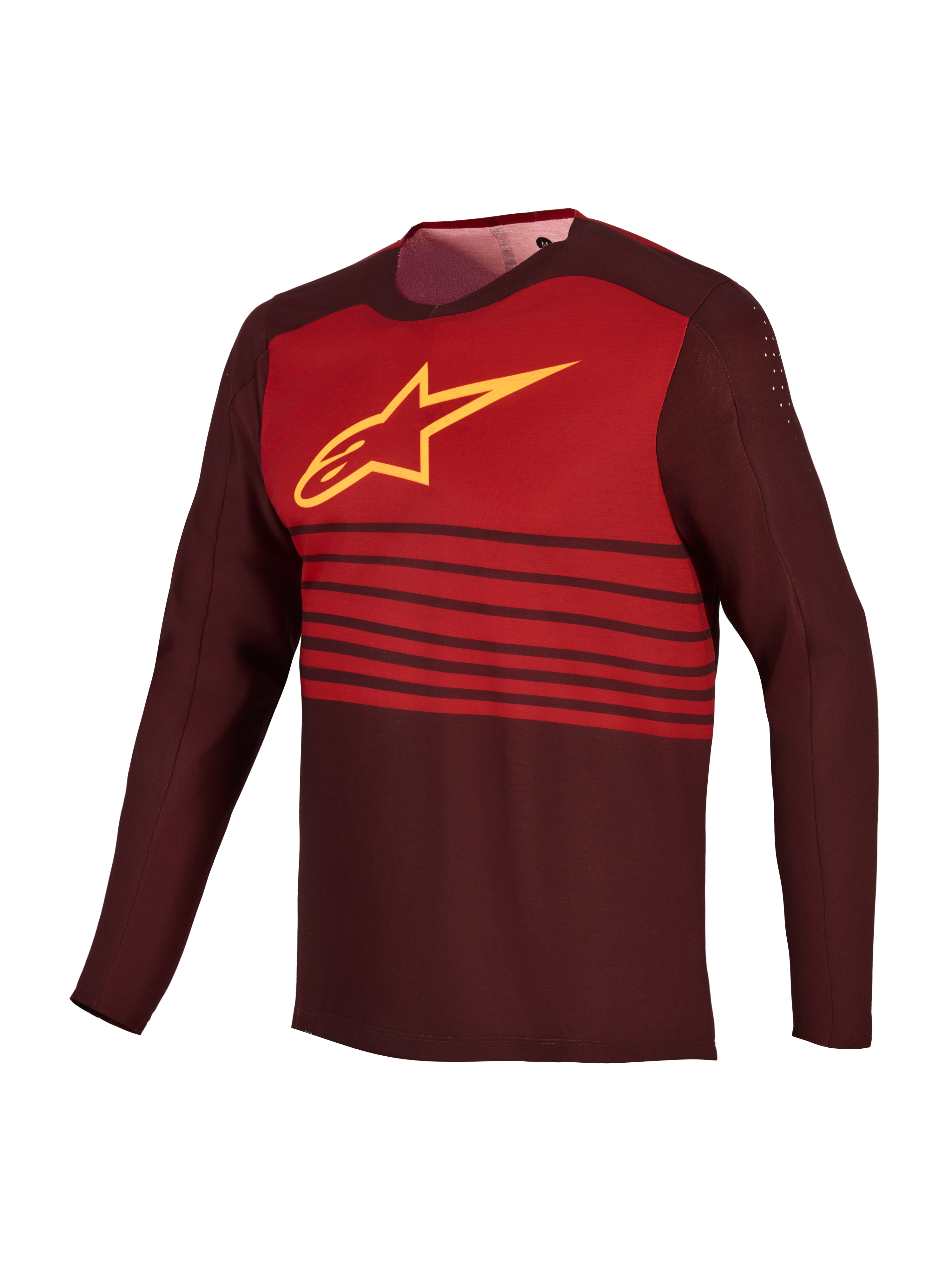 Koszulka MTB A-Dura Elite 2.0 Bordeaux, długi rękaw, czerwony blok na piersi i żółte logo Astars.