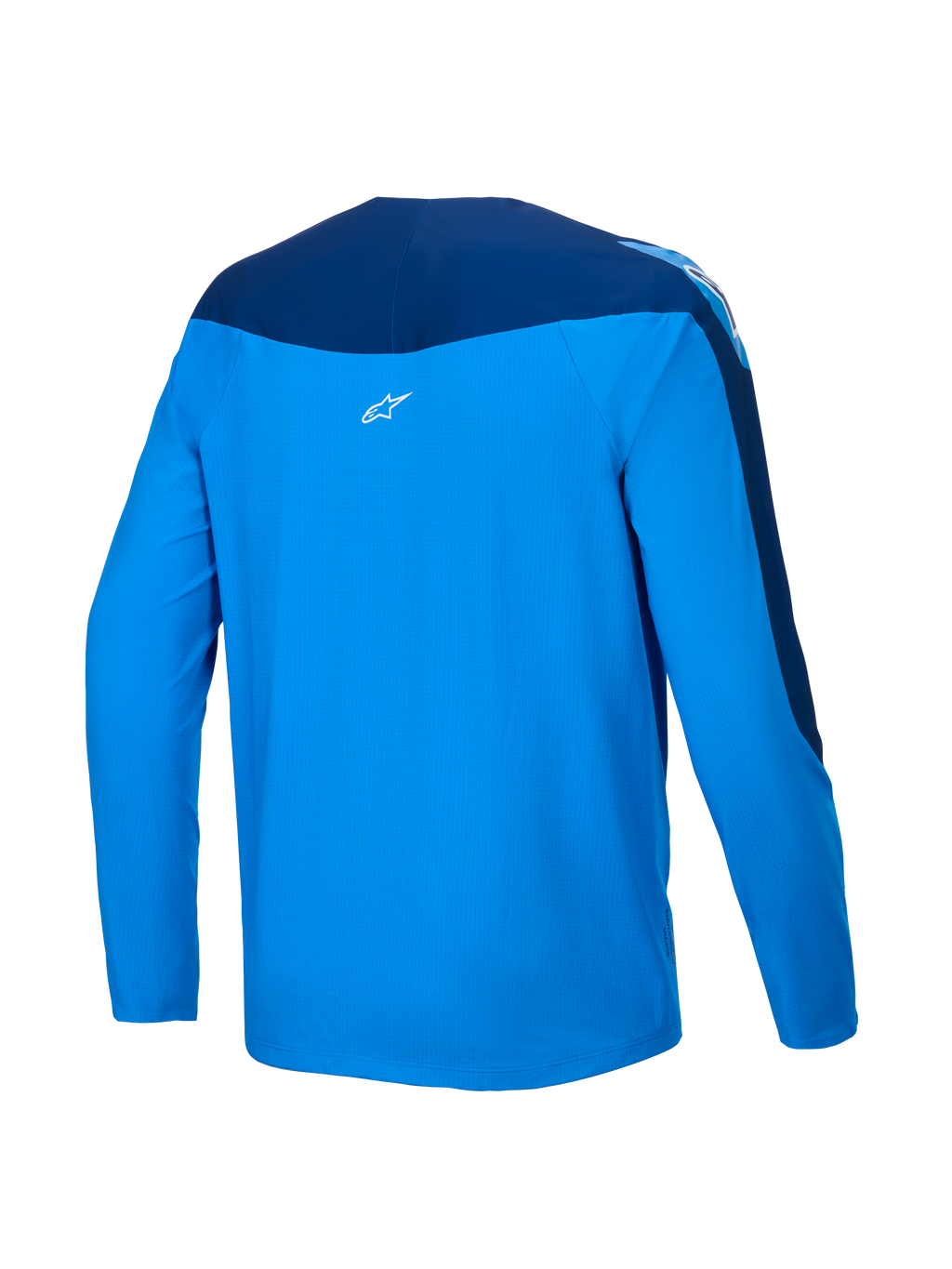 Alpinestars Koszulka A-Supra Melt, męska koszulka rowerowa MTB z długim rękawem, widok z tyłu przedstawiający niebieski i ciemnoniebieski kolor, lekki mikroperforowany poliester z elastycznymi panelami