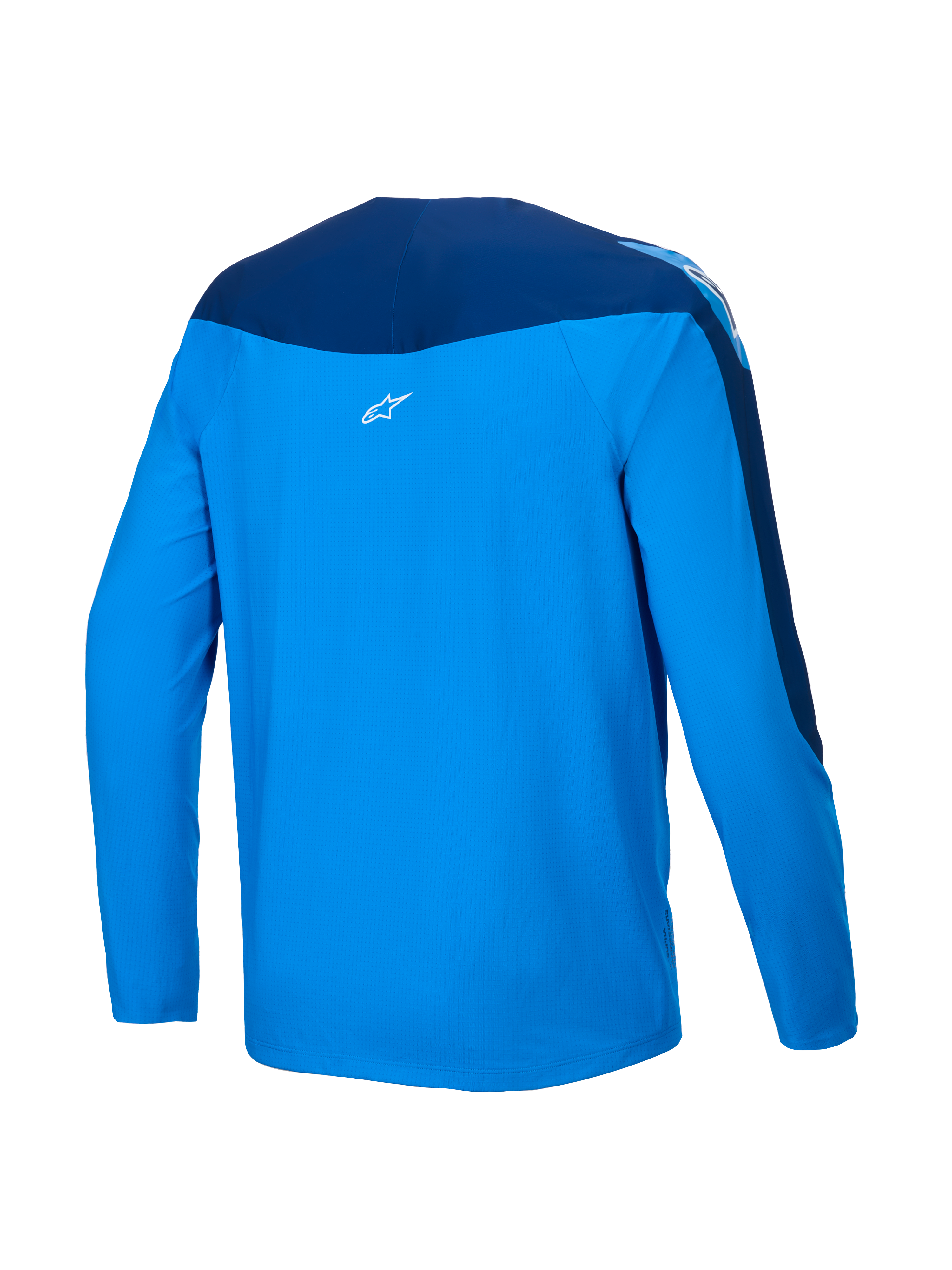 Alpinestars Koszulka A-Supra Melt, męska koszulka rowerowa MTB z długim rękawem, widok z tyłu przedstawiający niebieski i ciemnoniebieski kolor, lekki mikroperforowany poliester z elastycznymi panelami