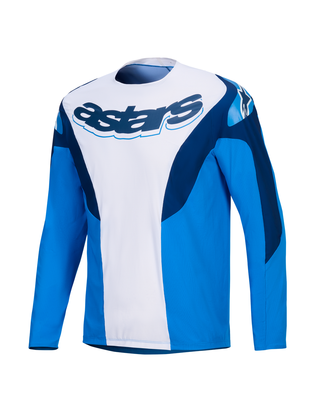Alpinestars Koszulka A-Supra Melt, męska koszulka rowerowa MTB z długim rękawem, niebiesko-biała z ciemnoniebieskim logo Astars, mikroperforowany poliester z elastycznymi panelami