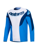 Alpinestars Koszulka A-Supra Melt, męska koszulka rowerowa MTB z długim rękawem, niebiesko-biała z ciemnoniebieskim logo Astars, mikroperforowany poliester z elastycznymi panelami