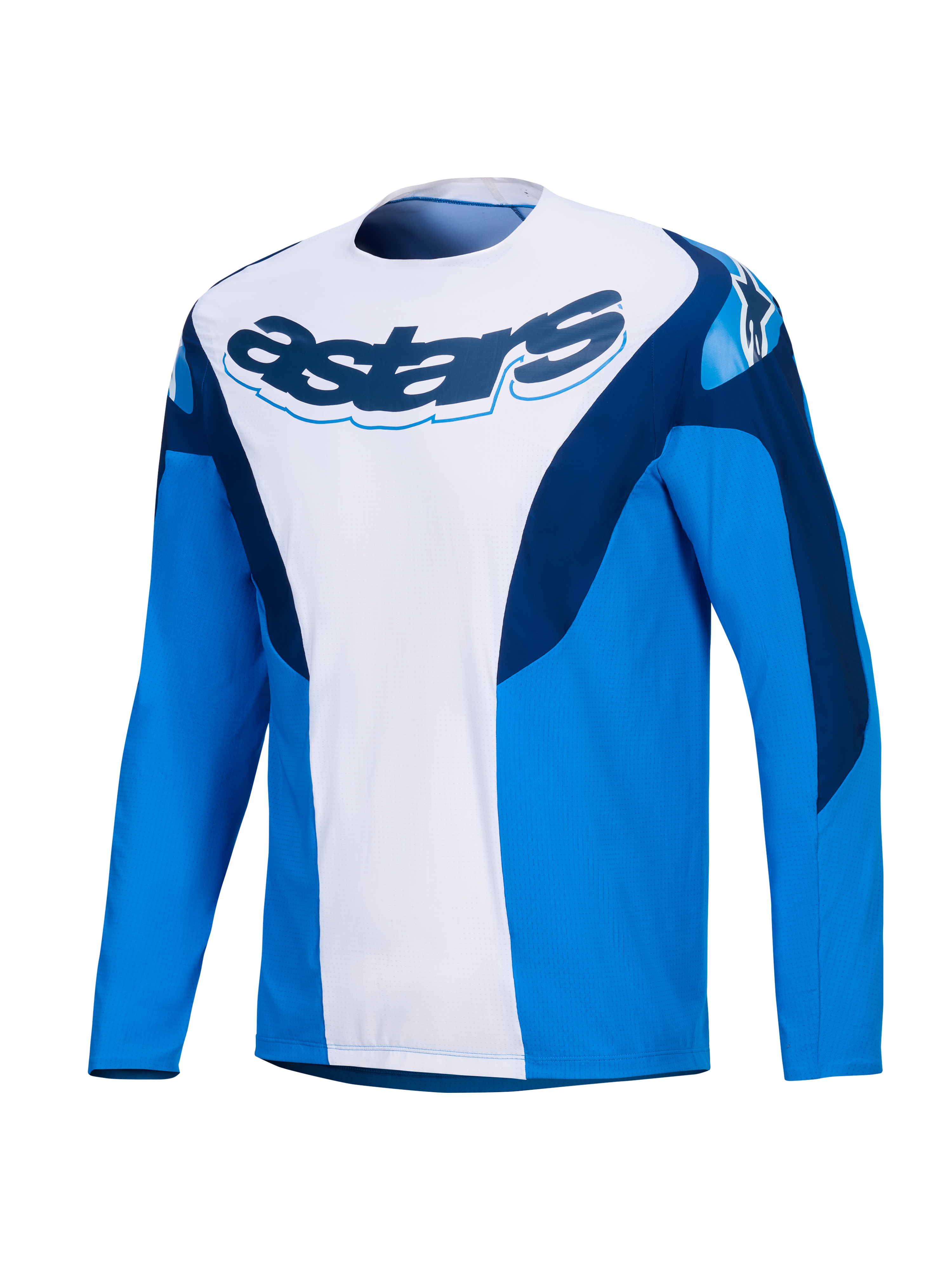 Alpinestars Koszulka A-Supra Melt, męska koszulka rowerowa MTB z długim rękawem, niebiesko-biała z ciemnoniebieskim logo Astars, mikroperforowany poliester z elastycznymi panelami