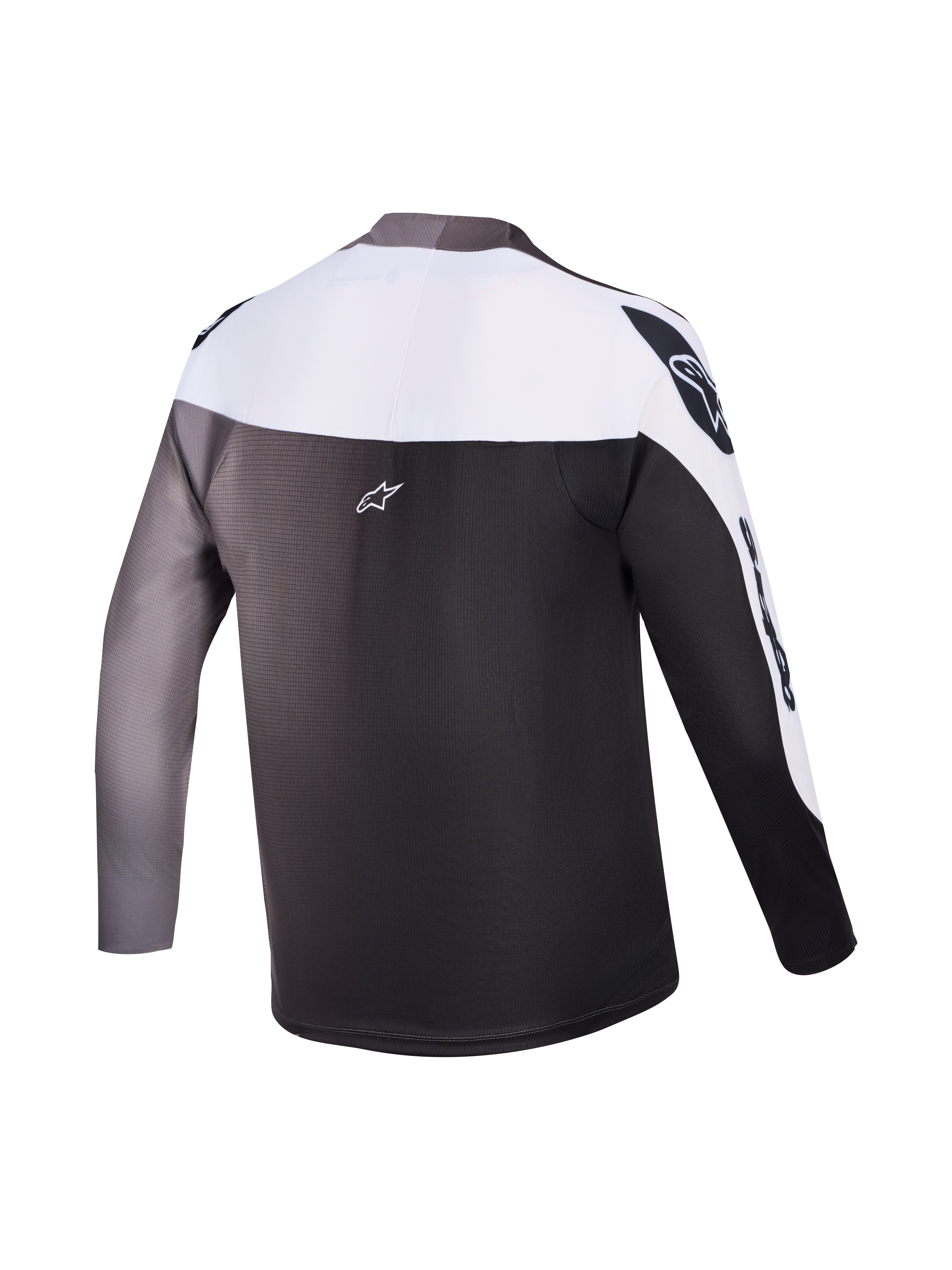 Koszulka A-Supra Elite, widok z tyłu, szary gradient, wyścigowy top MTB z długim rękawem i logo Alpinestars.