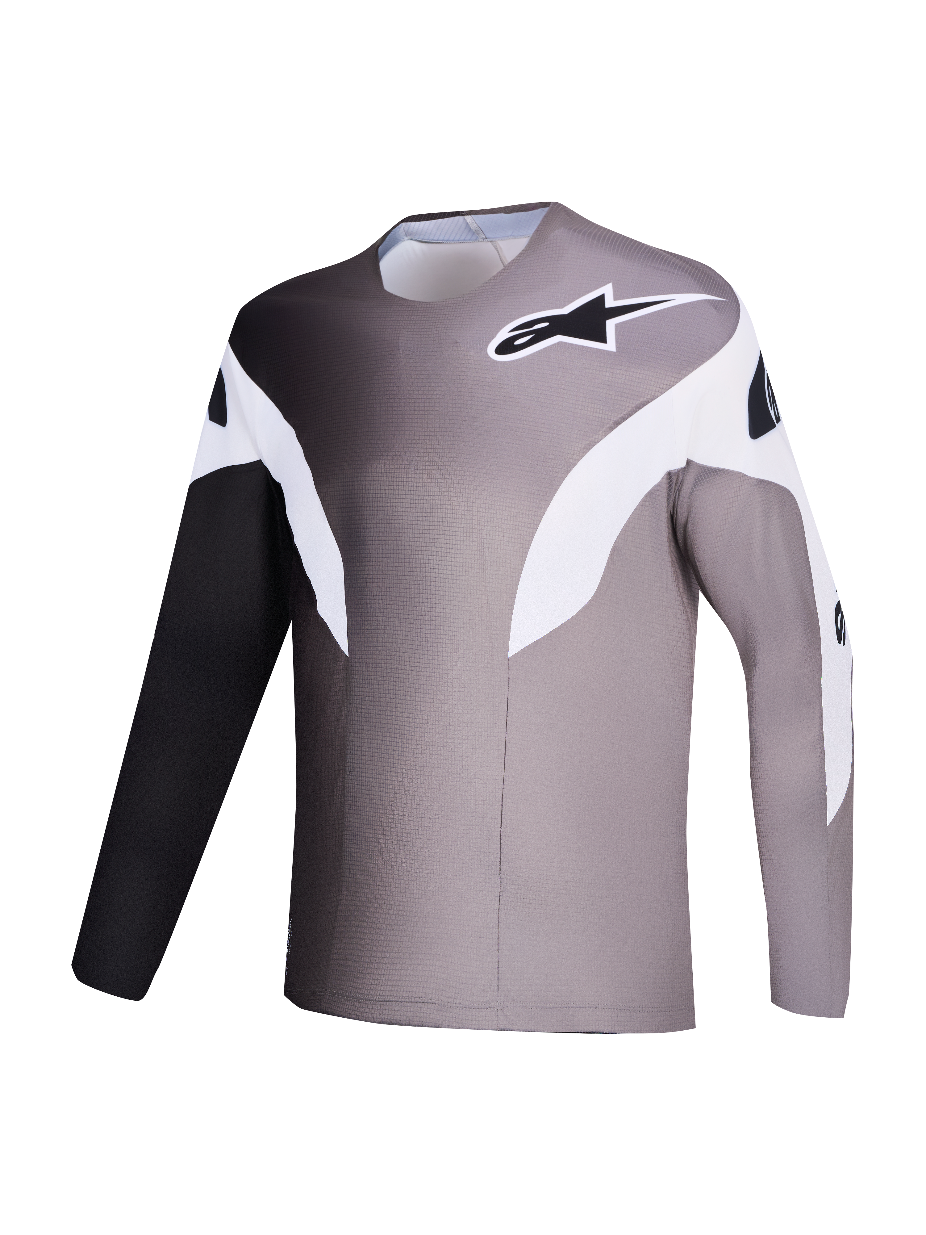 Koszulka Alpinestars A-Supra Elite, szary gradientowy design, mikroperforowana techniczna tkanina MTB.
