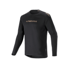 Alpinestars A-Aria Polartec Switch Long Sleeve Jersey, czarna koszulka rowerowa MTB, złote logo Alpinestars na klatce piersiowej i ramionach, laserowo perforowane rękawy, materiał Polartec odprowadzający wilgoć zapewniający wydajność w terenie
