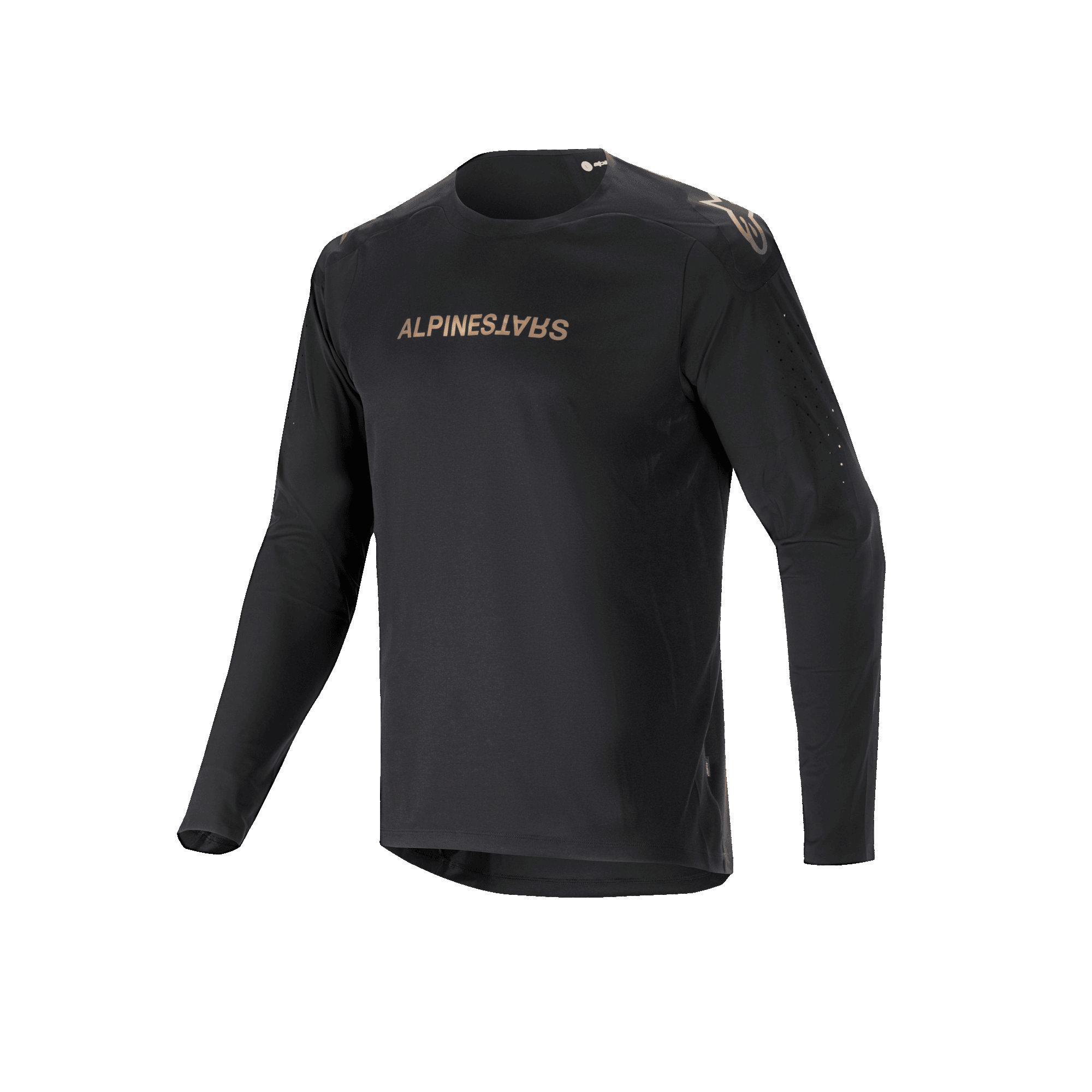 Alpinestars A-Aria Polartec Switch Long Sleeve Jersey, czarna koszulka rowerowa MTB, złote logo Alpinestars na klatce piersiowej i ramionach, laserowo perforowane rękawy, materiał Polartec odprowadzający wilgoć zapewniający wydajność w terenie
