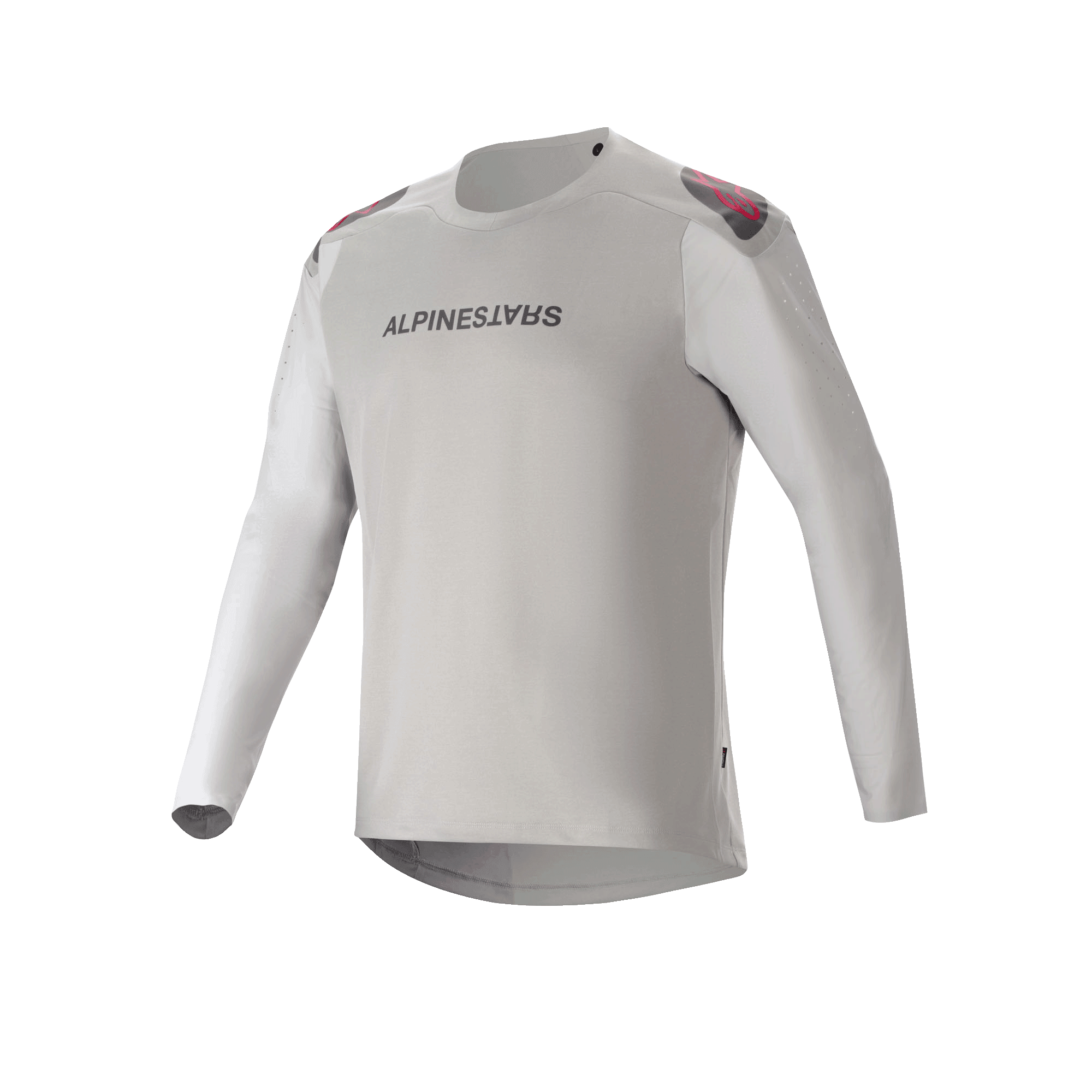 Alpinestars A-Aria Polartec Switch Jersey - Long Sleeve, jasnoszara koszulka rowerowa MTB z czarnym logo na piersi, czerwonymi i czarnymi akcentami na ramionach oraz laserowo perforowanymi rękawami dla wentylacji