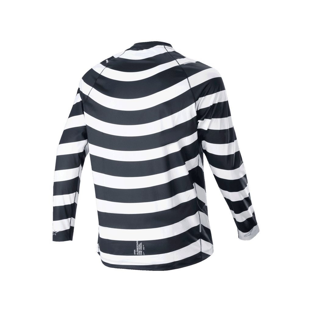 Alpinestars A-Aria Oscar Long Sleeve Jersey, czarno-biała, widok z tyłu z tradycyjną spiralną grafiką, rowerowa koszulka z długim rękawem, sportowy krój i przedłużany tył do jazdy trailowej MTB