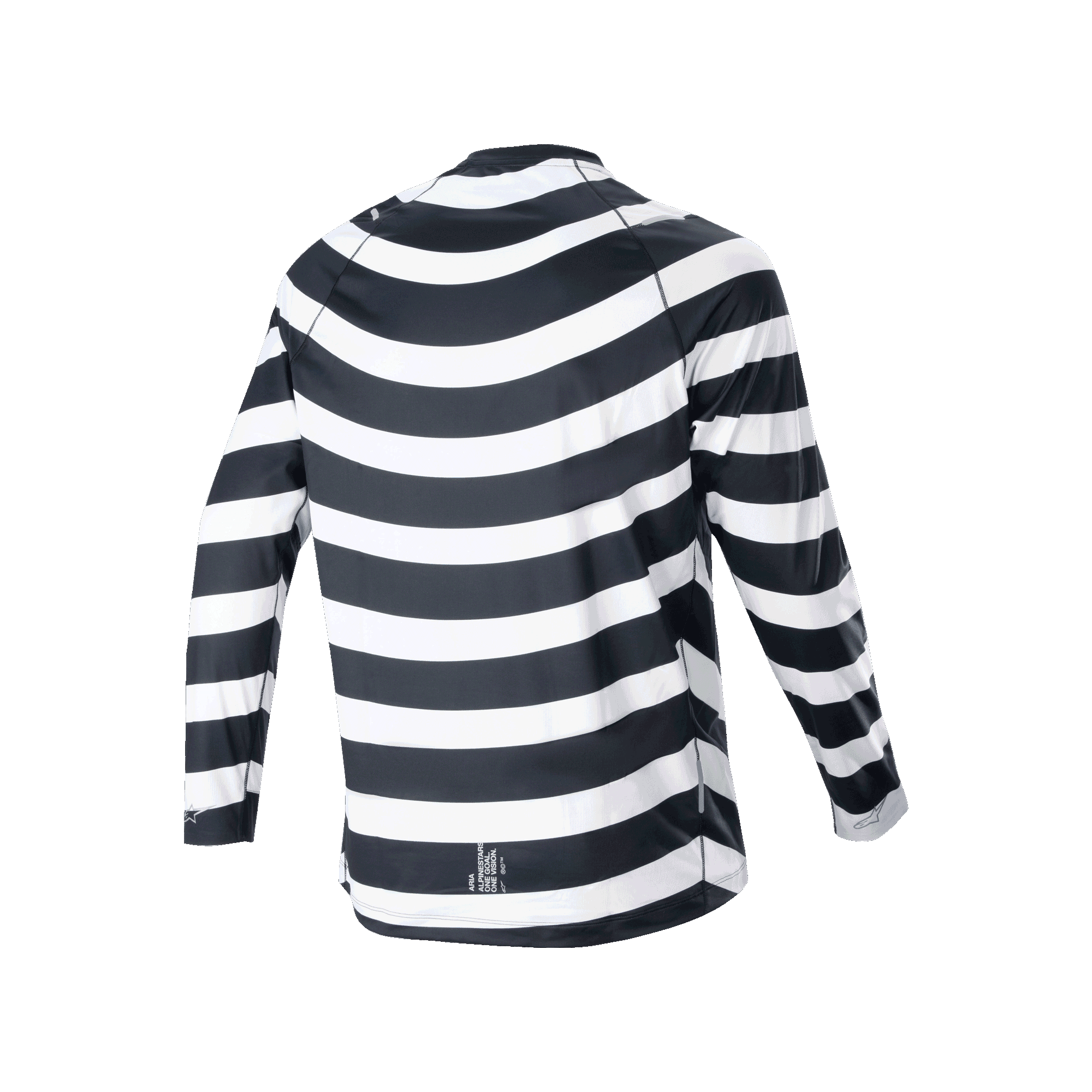 Alpinestars A-Aria Oscar Long Sleeve Jersey, czarno-biała, widok z tyłu z tradycyjną spiralną grafiką, rowerowa koszulka z długim rękawem, sportowy krój i przedłużany tył do jazdy trailowej MTB