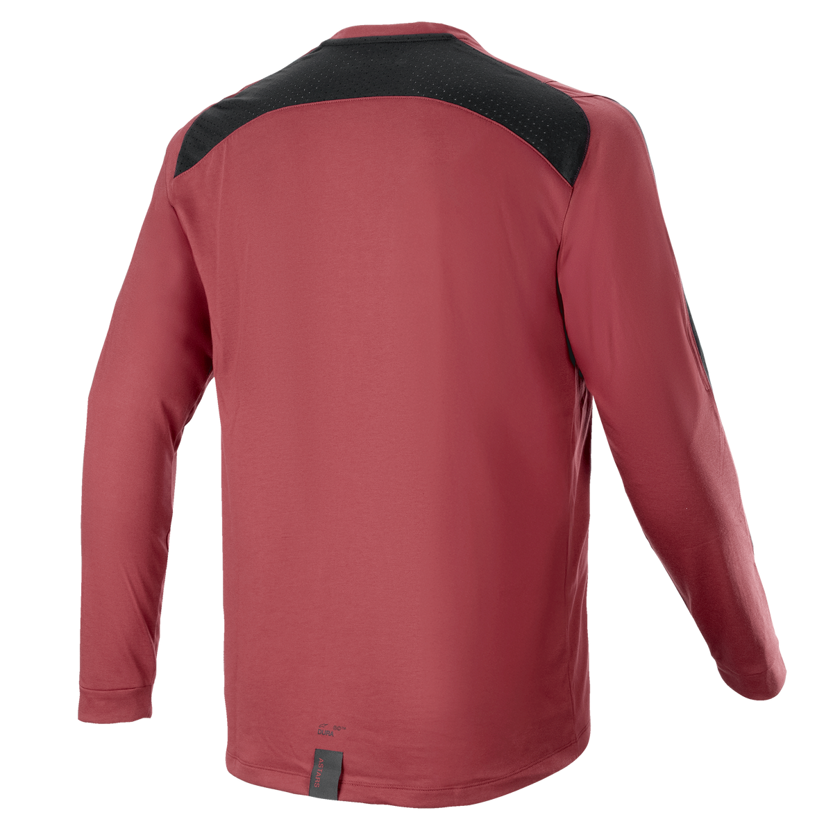 Alpinestars A-Dura Dri Astar Long Sleeve Jersey, bordowa koszulka rowerowa MTB, widok z tyłu z czarnym siatkowym panelem wentylacyjnym na ramionach, długie rękawy, techniczna tkanina do jazdy w terenie