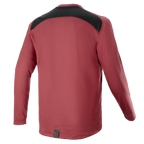 Alpinestars A-Dura Dri Astar Long Sleeve Jersey, bordowa koszulka rowerowa MTB, widok z tyłu z czarnym siatkowym panelem wentylacyjnym na ramionach, długie rękawy, techniczna tkanina do jazdy w terenie