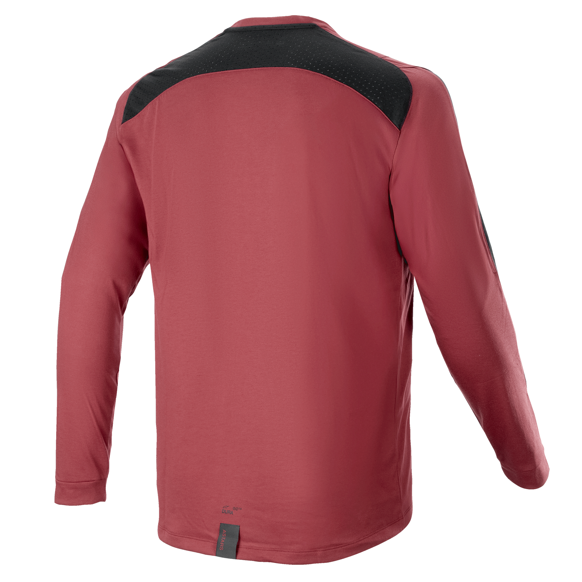 Alpinestars A-Dura Dri Astar Long Sleeve Jersey, bordowa koszulka rowerowa MTB, widok z tyłu z czarnym siatkowym panelem wentylacyjnym na ramionach, długie rękawy, techniczna tkanina do jazdy w terenie