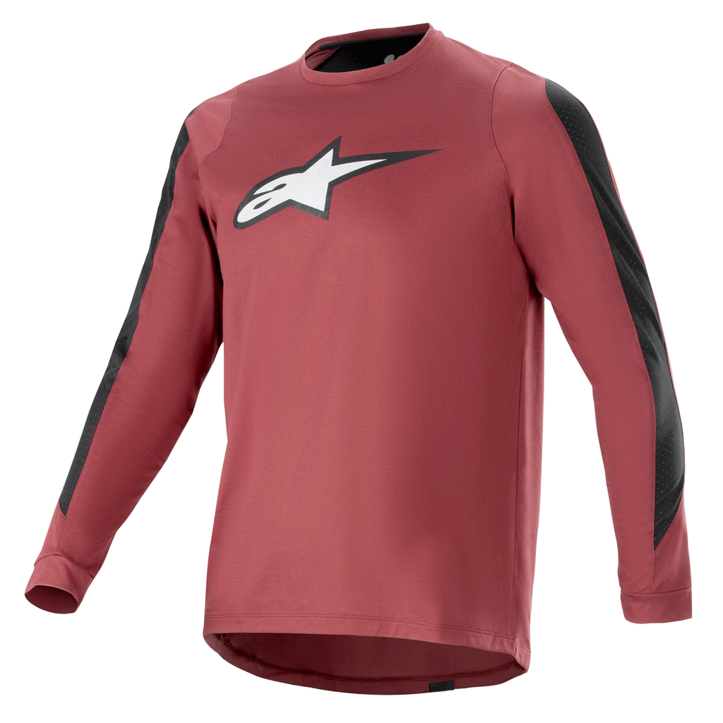 Alpinestars A-Dura Dri Astar Long Sleeve Jersey, koszulka z długim rękawem, bordowa i czarna, odprowadzający wilgoć materiał drirelease, okrągły dekolt, białe logo Astar na klatce piersiowej, czarne panele z siatki na rękawach, profesjonalna odzież MTB