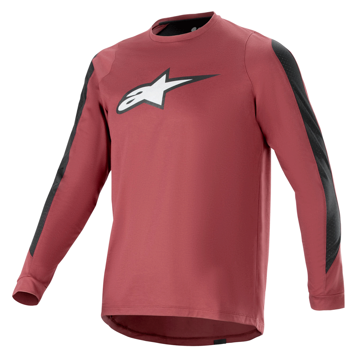 Alpinestars A-Dura Dri Astar Long Sleeve Jersey, koszulka z długim rękawem, bordowa i czarna, odprowadzający wilgoć materiał drirelease, okrągły dekolt, białe logo Astar na klatce piersiowej, czarne panele z siatki na rękawach, profesjonalna odzież MTB