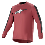 Alpinestars A-Dura Dri Astar Long Sleeve Jersey, koszulka z długim rękawem, bordowa i czarna, odprowadzający wilgoć materiał drirelease, okrągły dekolt, białe logo Astar na klatce piersiowej, czarne panele z siatki na rękawach, profesjonalna odzież MTB