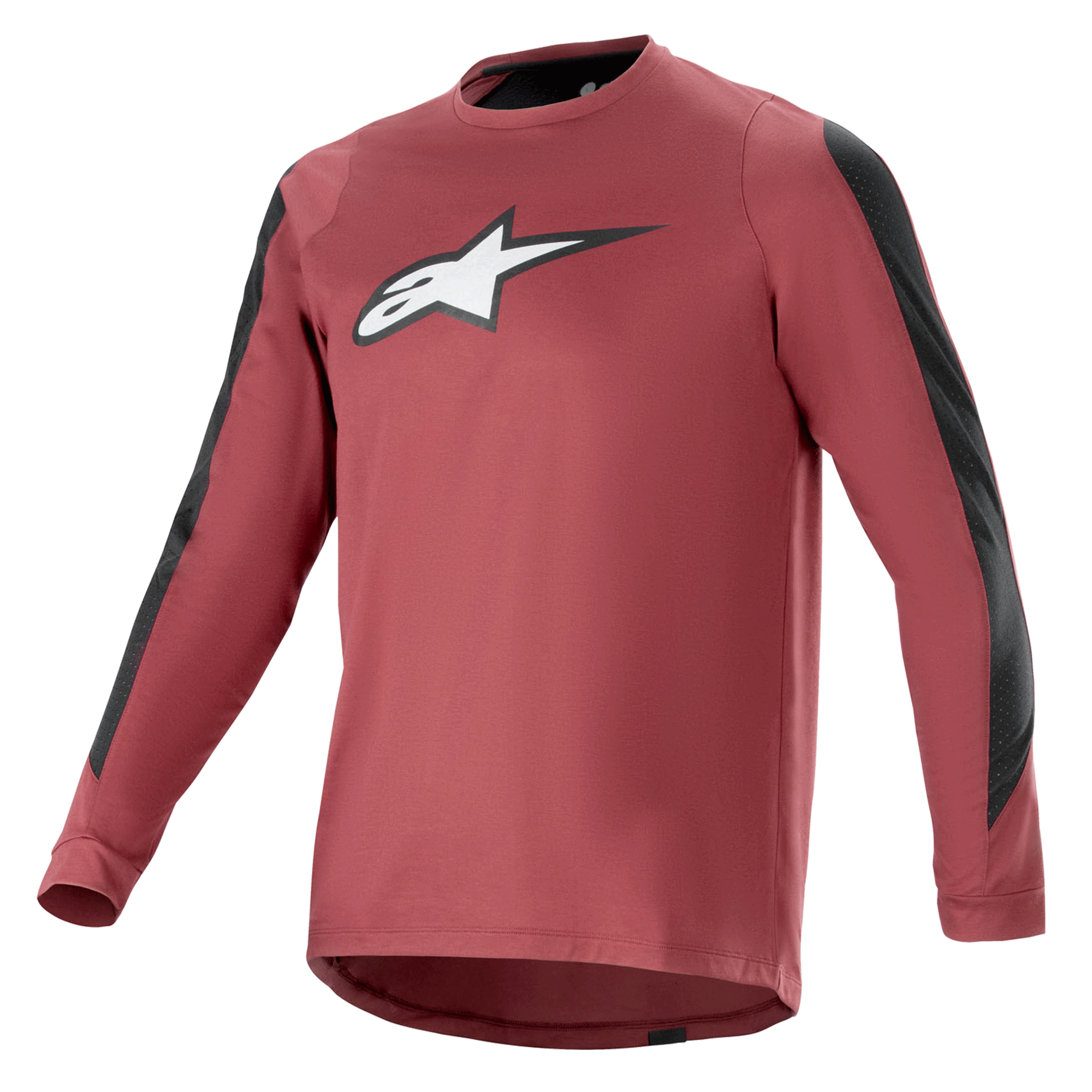 Alpinestars A-Dura Dri Astar Long Sleeve Jersey, koszulka z długim rękawem, bordowa i czarna, odprowadzający wilgoć materiał drirelease, okrągły dekolt, białe logo Astar na klatce piersiowej, czarne panele z siatki na rękawach, profesjonalna odzież MTB