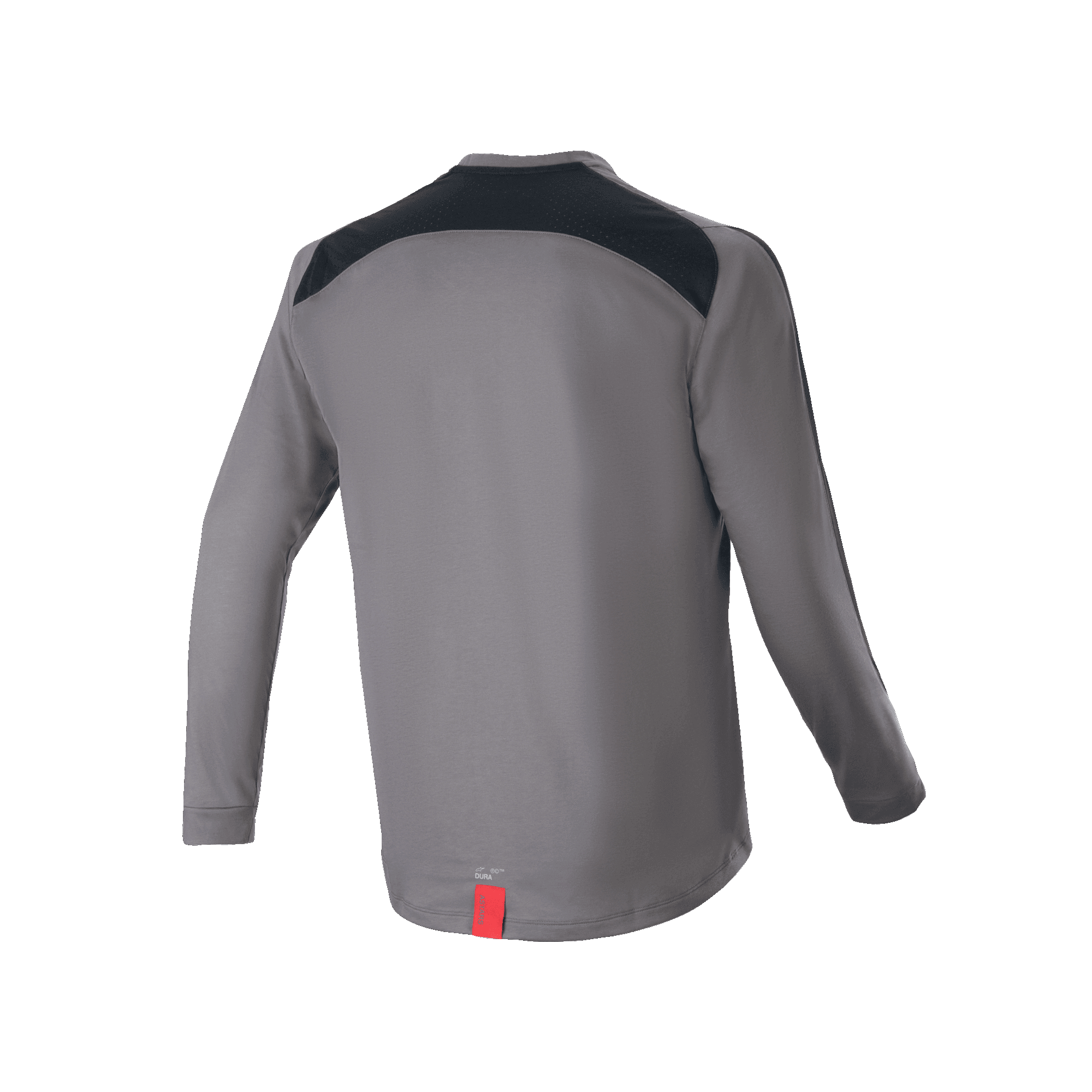 Alpinestars A-Dura Dri Astar Long Sleeve Jersey, ciemnoszara, widok z tyłu z czarnymi siatkowymi panelami wentylacyjnymi na ramionach i małą czerwoną metką u dołu, techniczna odzież na rower górski
