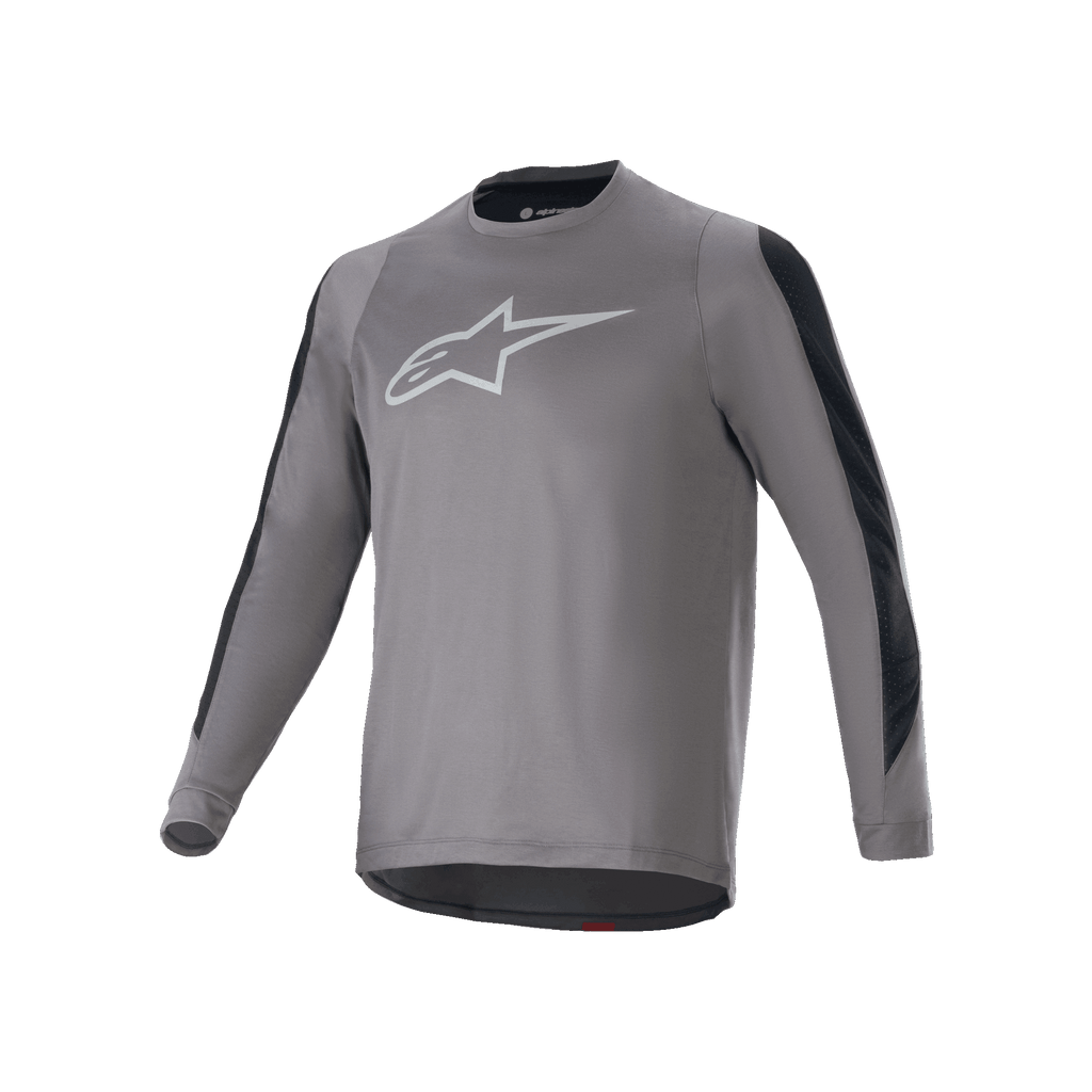 Alpinestars A-Dura Dri Astar Long Sleeve Jersey, ciemnoszara koszulka z długim rękawem, białe logo Astars na piersi, czarne siateczkowe panele wentylacyjne na rękawach, techniczna odzież rowerowa do MTB