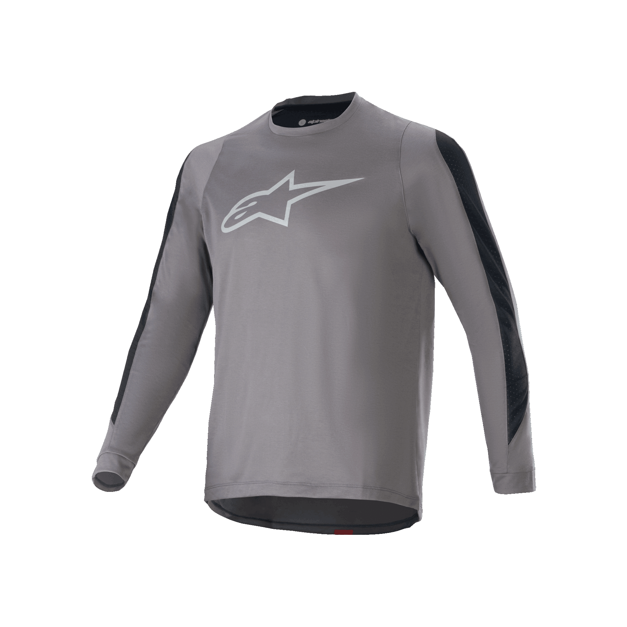 Alpinestars A-Dura Dri Astar Long Sleeve Jersey, ciemnoszara koszulka z długim rękawem, białe logo Astars na piersi, czarne siateczkowe panele wentylacyjne na rękawach, techniczna odzież rowerowa do MTB