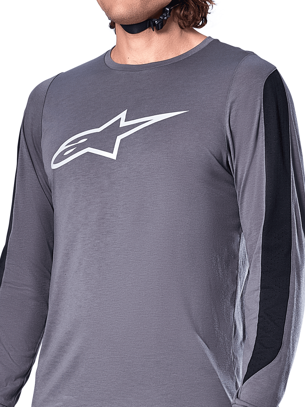 Alpinestars A-Dura Dri Astar Jersey, koszulka z długim rękawem, ciemnoszary, białe logo Astars na piersi, czarne panele z siatki na rękawach, wyczynowa odzież na rower górski