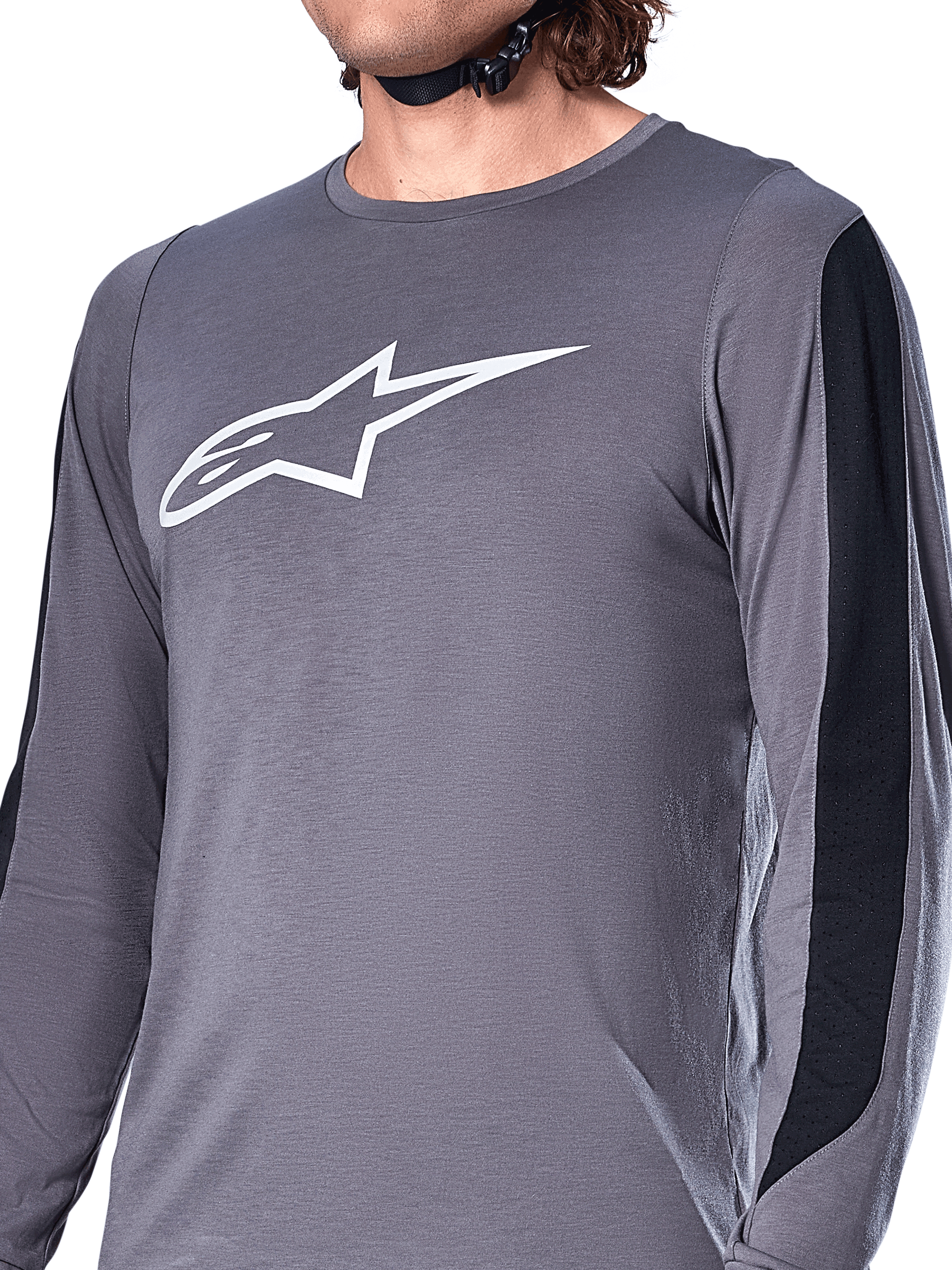 Alpinestars A-Dura Dri Astar Jersey, koszulka z długim rękawem, ciemnoszary, białe logo Astars na piersi, czarne panele z siatki na rękawach, wyczynowa odzież na rower górski