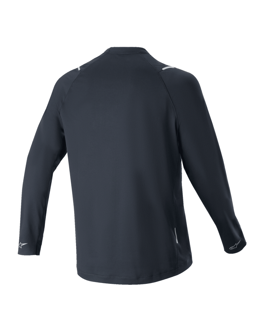 Alpinestars A-Aria Switch Long Sleeve Jersey, czarna koszulka rowerowa, widok z tyłu, lekki i oddychający materiał poliestrowy, przedłużony tył zapewniający osłonę, odblaskowe logo Alpinestars na mankietach, sportowy krój do jazdy MTB