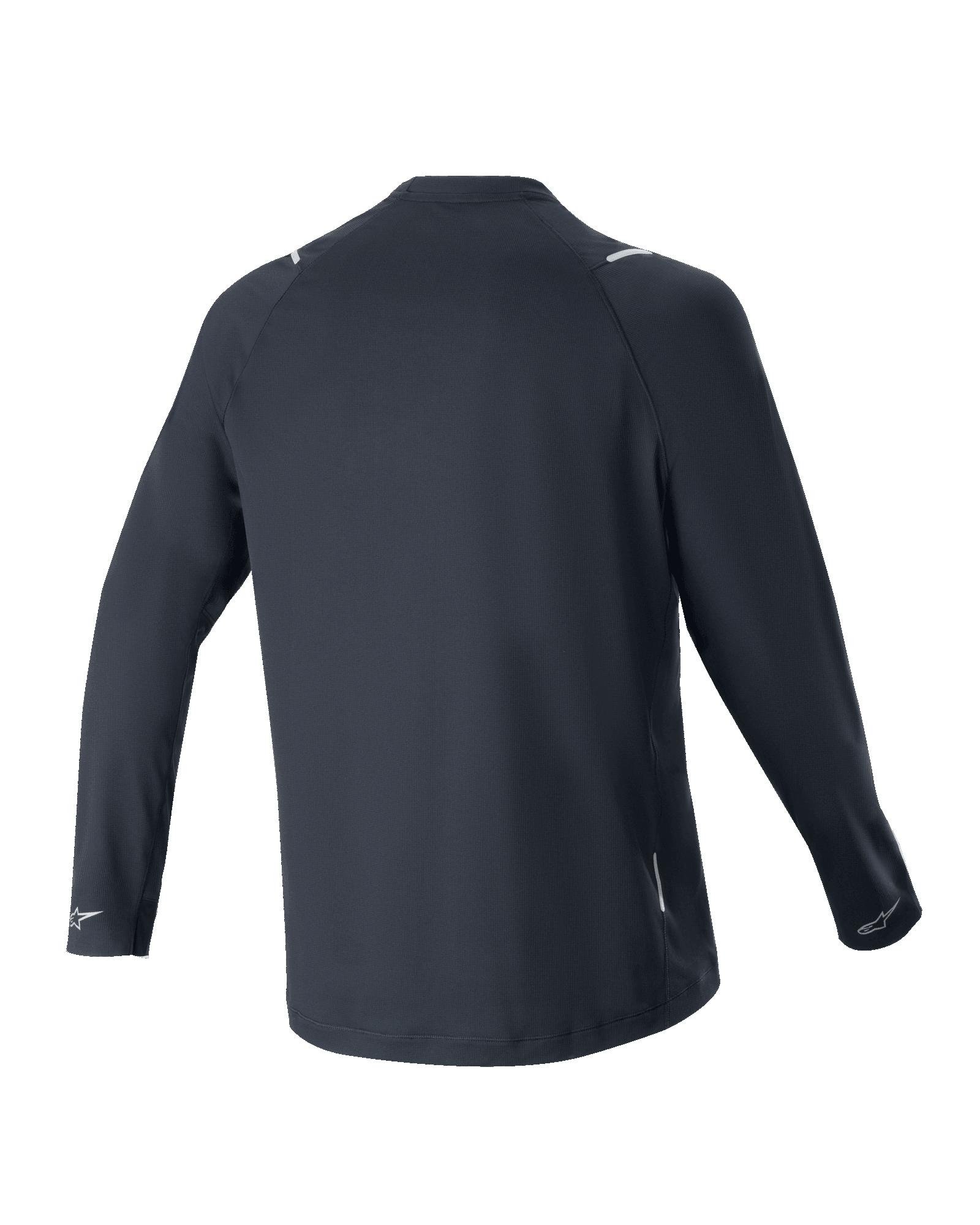 Alpinestars A-Aria Switch Long Sleeve Jersey, czarna koszulka rowerowa, widok z tyłu, lekki i oddychający materiał poliestrowy, przedłużony tył zapewniający osłonę, odblaskowe logo Alpinestars na mankietach, sportowy krój do jazdy MTB
