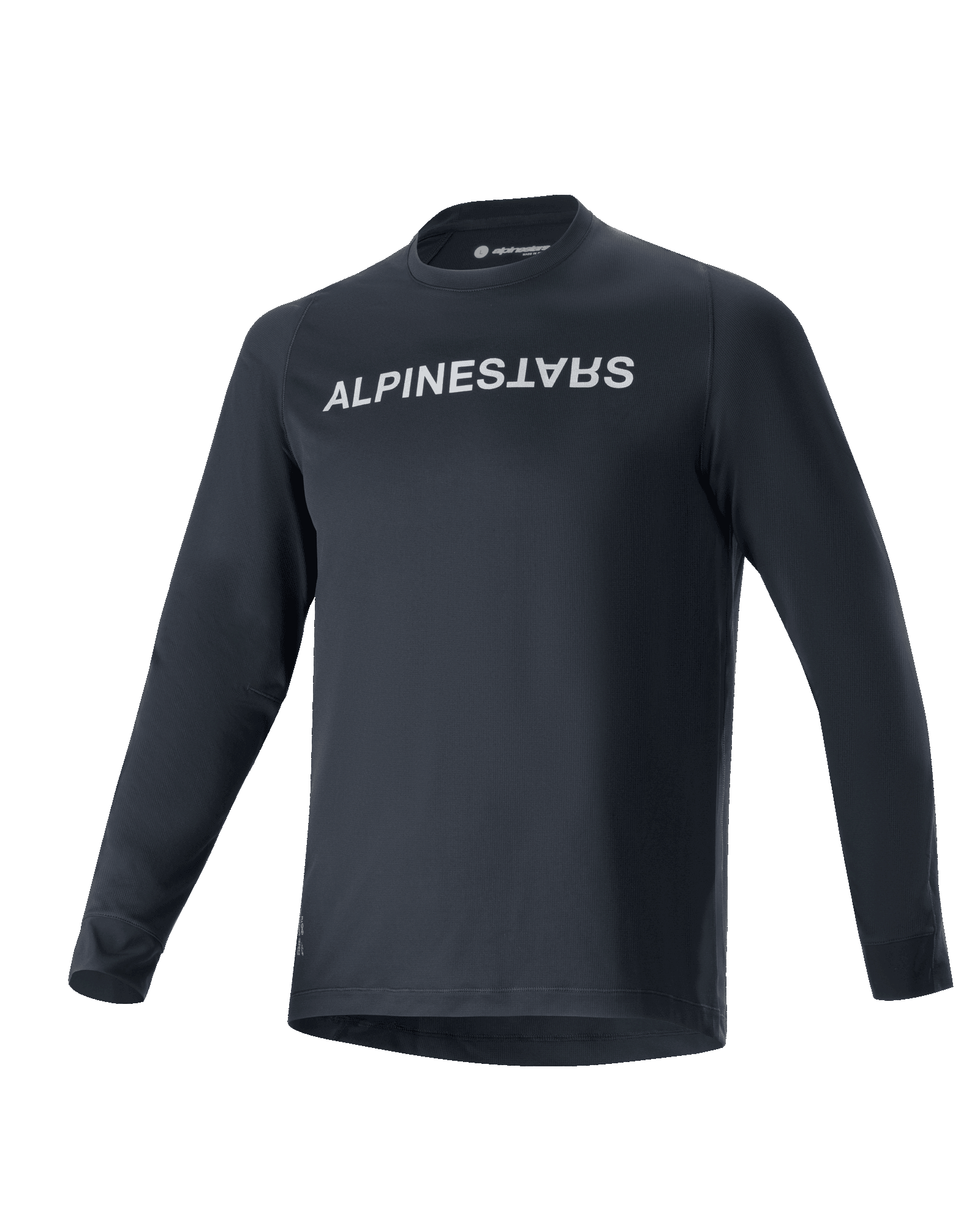 Alpinestars A-Aria Switch Long Sleeve Jersey, koszulka rowerowa MTB, czarna, wyraźne białe logo Alpinestars na piersi, okrągły dekolt, lekki oddychający materiał, krój performance do jazdy terenowej