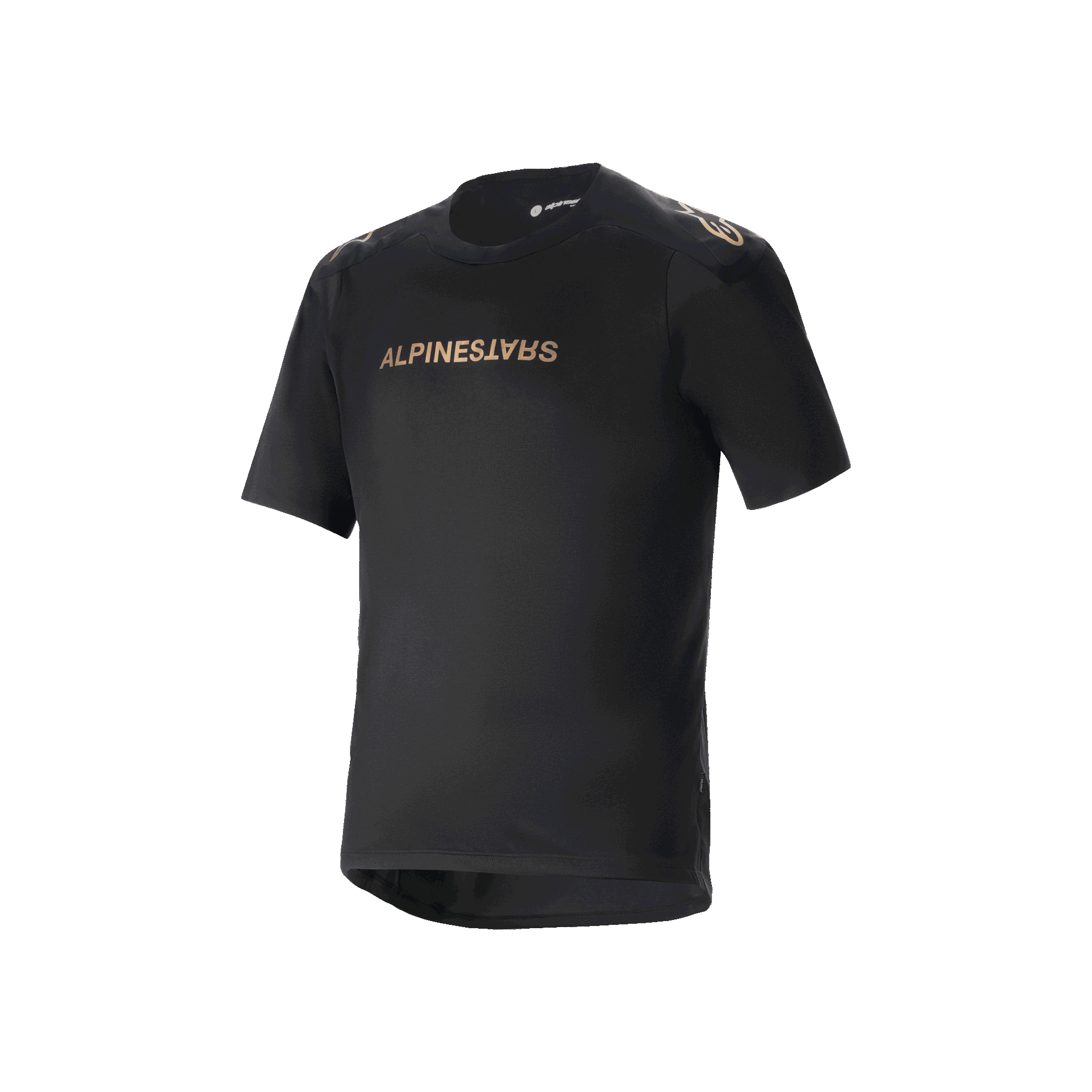 Alpinestars A-Aria Polartec Switch Short Sleeve Jersey, czarna koszulka rowerowa MTB, branding Alpinestars w kolorze brązu na klatce piersiowej i ramionach, techniczny materiał odprowadzający wilgoć, sportowy krój z przedłużonym tyłem
