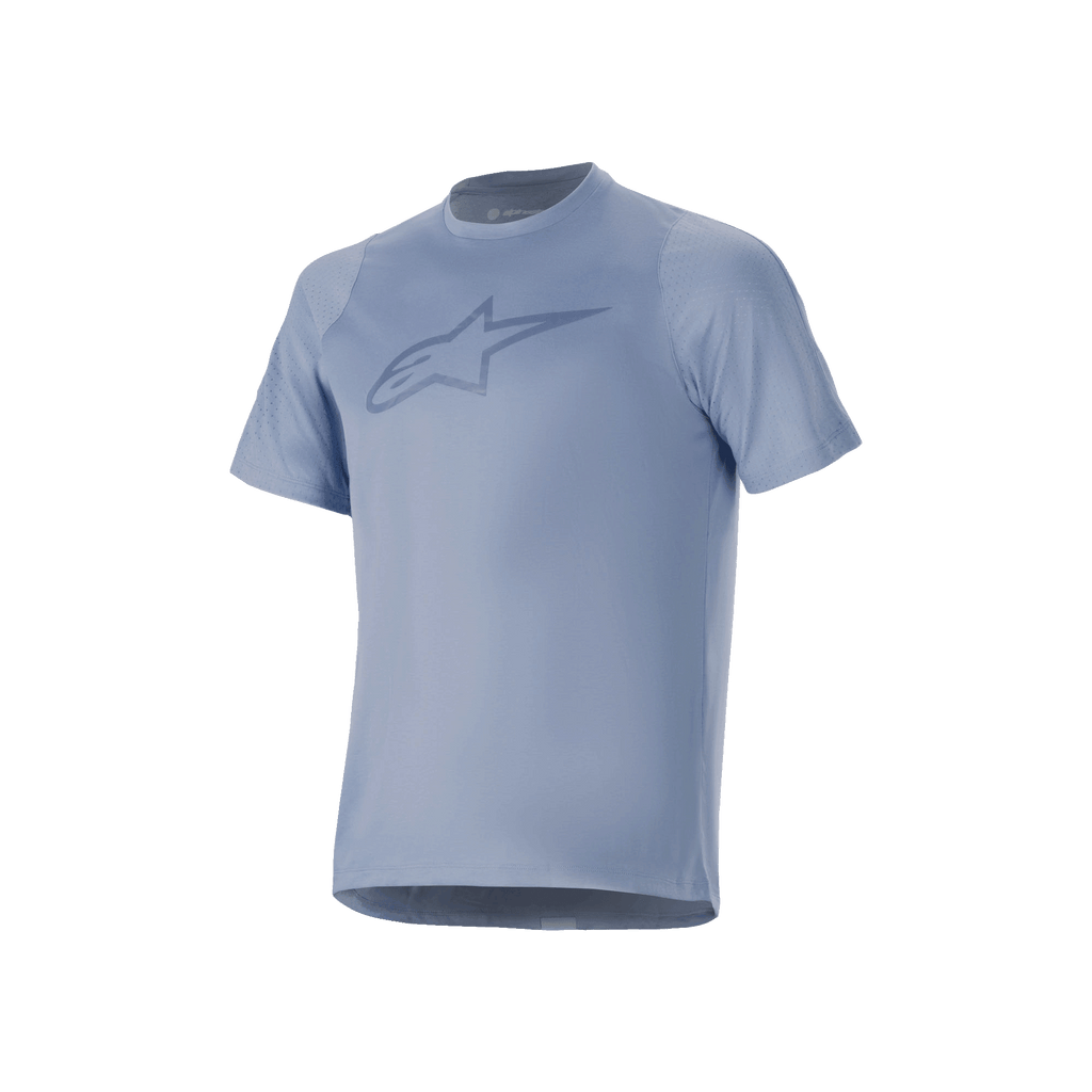Koszulka Alpinestars A-Dura Dri Astar z krótkim rękawem, niebieska (Infinity Blue), duże logo na piersi, oddychające panele z siateczki na rękawach i materiał drirelease®, zaprojektowana do kolarstwa górskiego