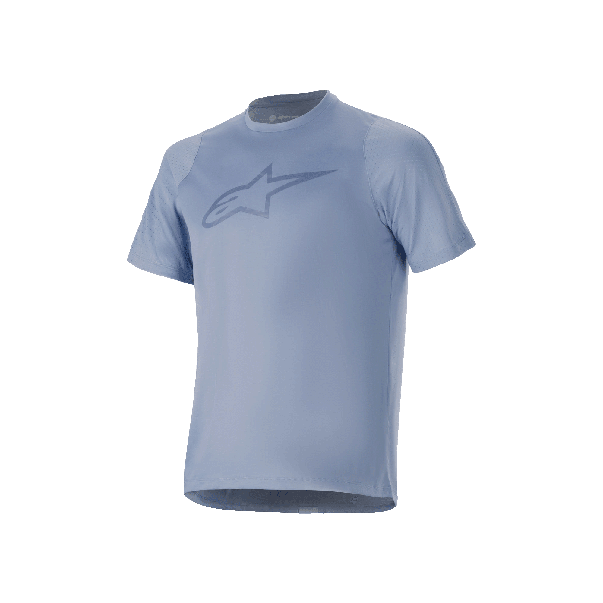 Koszulka Alpinestars A-Dura Dri Astar z krótkim rękawem, niebieska (Infinity Blue), duże logo na piersi, oddychające panele z siateczki na rękawach i materiał drirelease®, zaprojektowana do kolarstwa górskiego
