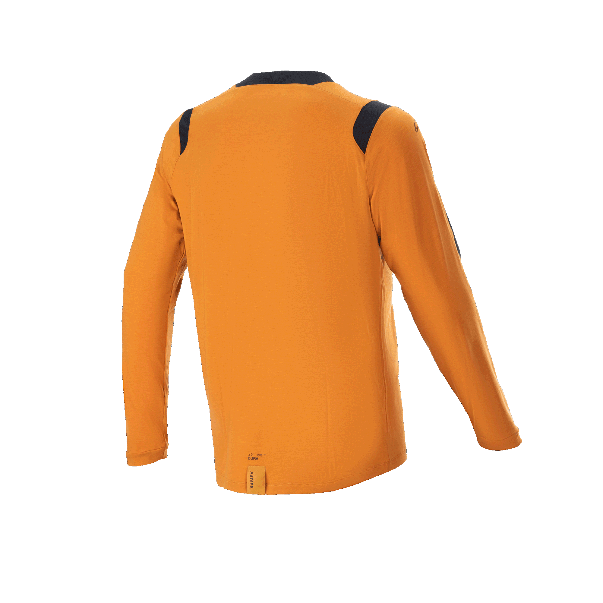 Alpinestars A-Dura Dri Wool Long Sleeve Jersey, ciemnozłota, widok z tyłu z czarnymi panelami z siatki na ramionach i kołnierzu, techniczna odzież MTB z wydłużonym tyłem