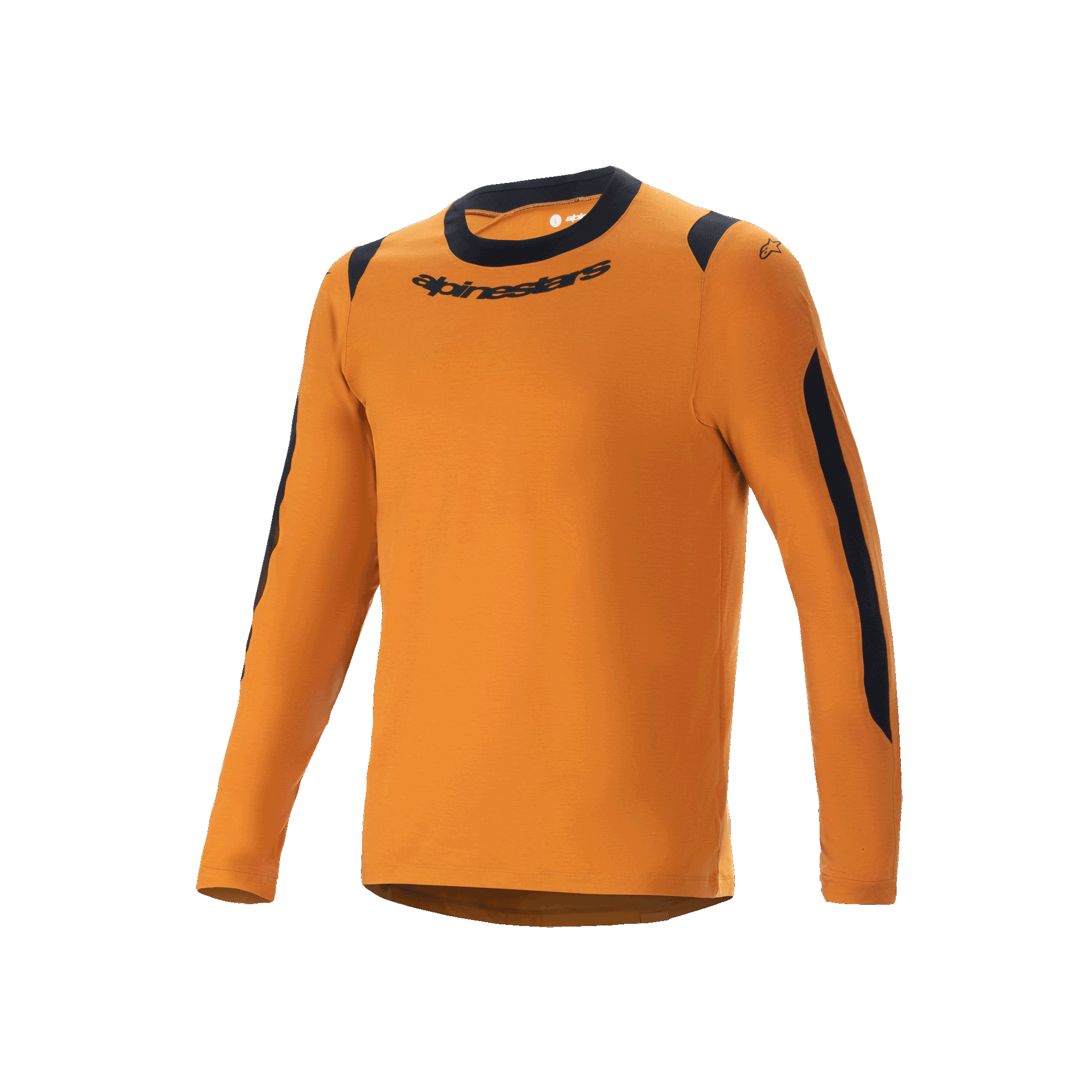 Alpinestars A-Dura Dri Wool Jersey - Long Sleeve, koszulka rowerowa MTB, ciemnozłota, czarny okrągły dekolt i panele z siateczki na barkach i rękawach, napis Alpinestars na piersi, techniczna mieszanka wełny do jazdy na szlaku