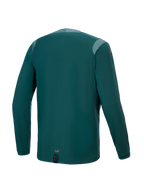 Alpinestars A-Dura Dri Wool Jersey - Long Sleeve, Dark Pine, widok z tyłu z panelami z siatki na ramionach i kołnierzu, techniczna tkanina z mieszanki wełny, przedłużony tył zapewniający osłonę MTB, małe pomarańczowe logo na dolnej krawędzi