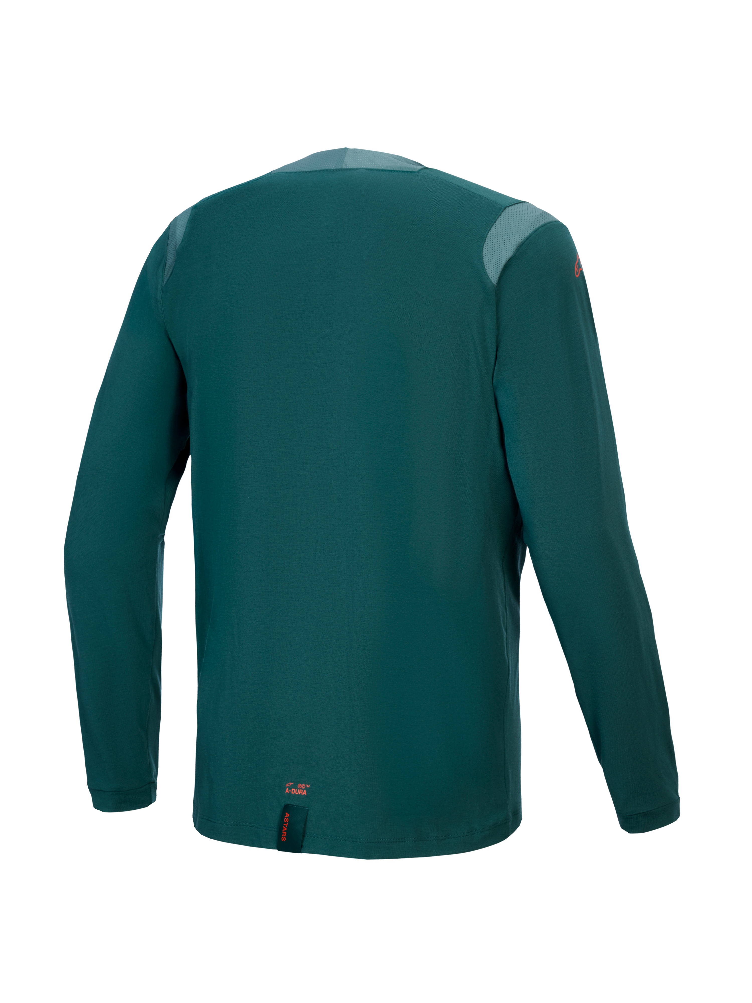 Alpinestars A-Dura Dri Wool Jersey - Long Sleeve, Dark Pine, widok z tyłu z panelami z siatki na ramionach i kołnierzu, techniczna tkanina z mieszanki wełny, przedłużony tył zapewniający osłonę MTB, małe pomarańczowe logo na dolnej krawędzi