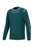 Alpinestars A-Dura Dri Wool Jersey, koszulka rowerowa MTB z długim rękawem, kolor ciemnozielony, pomarańczowe logo na klatce piersiowej, jasnoszare panele z siatki i okrągły dekolt