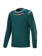 Alpinestars A-Dura Dri Wool Jersey, koszulka rowerowa MTB z długim rękawem, kolor ciemnozielony, pomarańczowe logo na klatce piersiowej, jasnoszare panele z siatki i okrągły dekolt