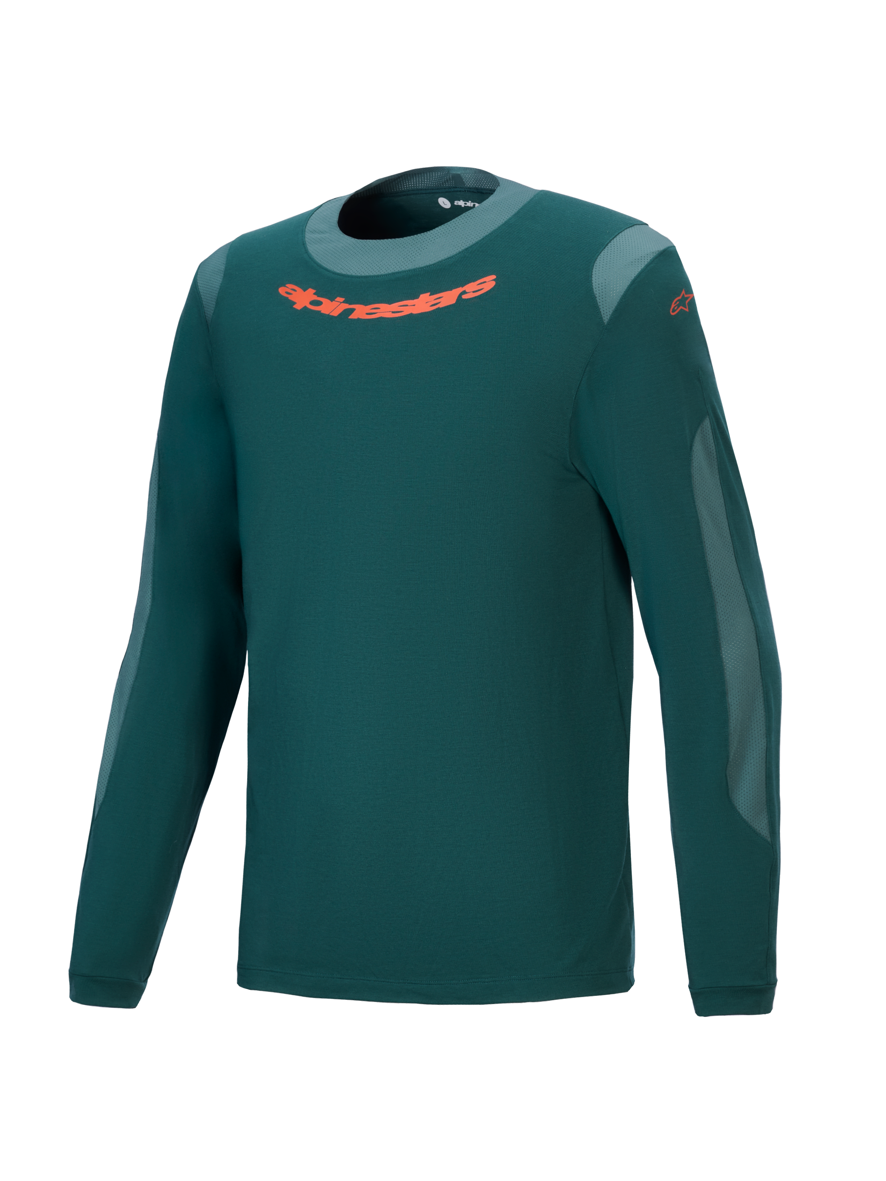 Alpinestars A-Dura Dri Wool Jersey, koszulka rowerowa MTB z długim rękawem, kolor ciemnozielony, pomarańczowe logo na klatce piersiowej, jasnoszare panele z siatki i okrągły dekolt