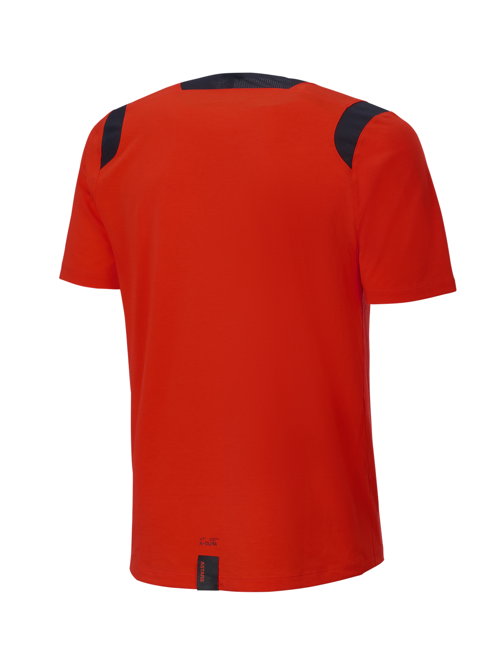 Alpinestars A-Dura Dri Wool Short Sleeve Jersey, Spicy Orange, rear view, featuring black mesh panels on the shoulders and collar, longer drop tail for trail riding coverage