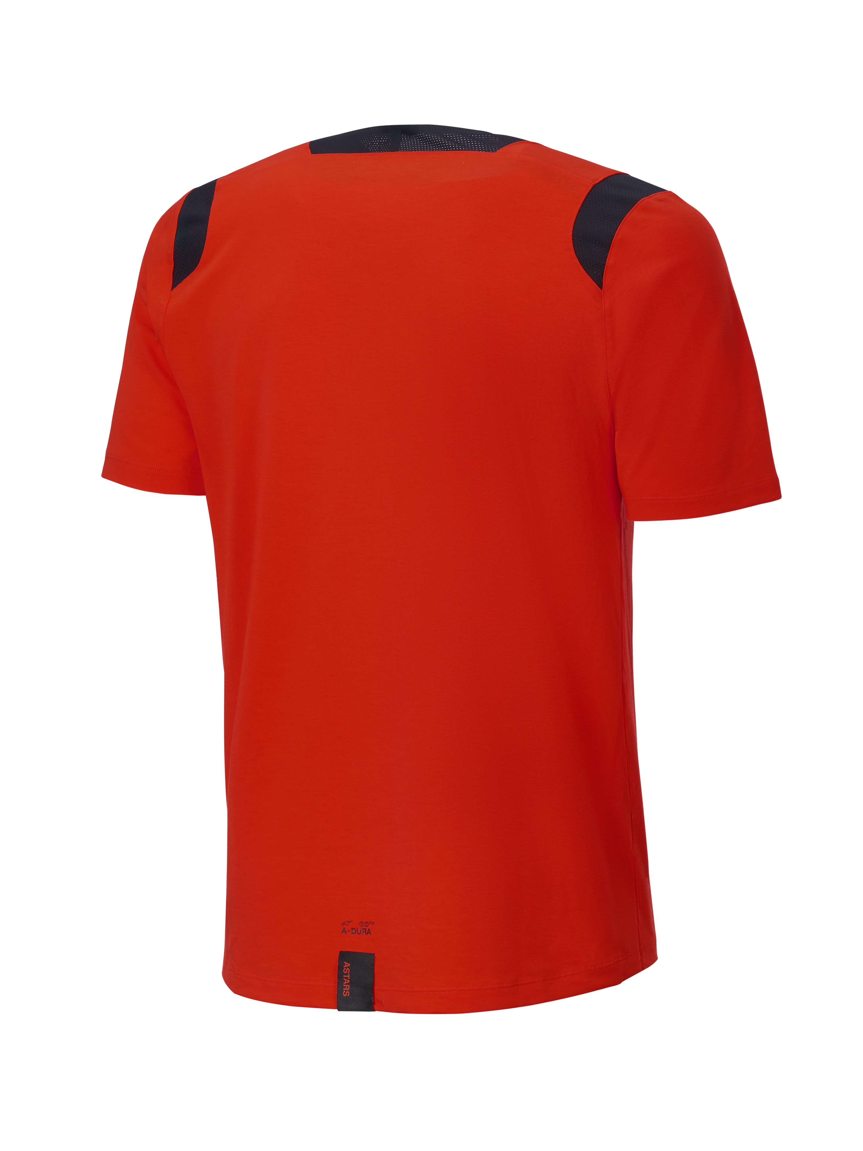 Alpinestars A-Dura Dri Wool Short Sleeve Jersey, Spicy Orange, rear view, featuring black mesh panels on the shoulders and collar, longer drop tail for trail riding coverage