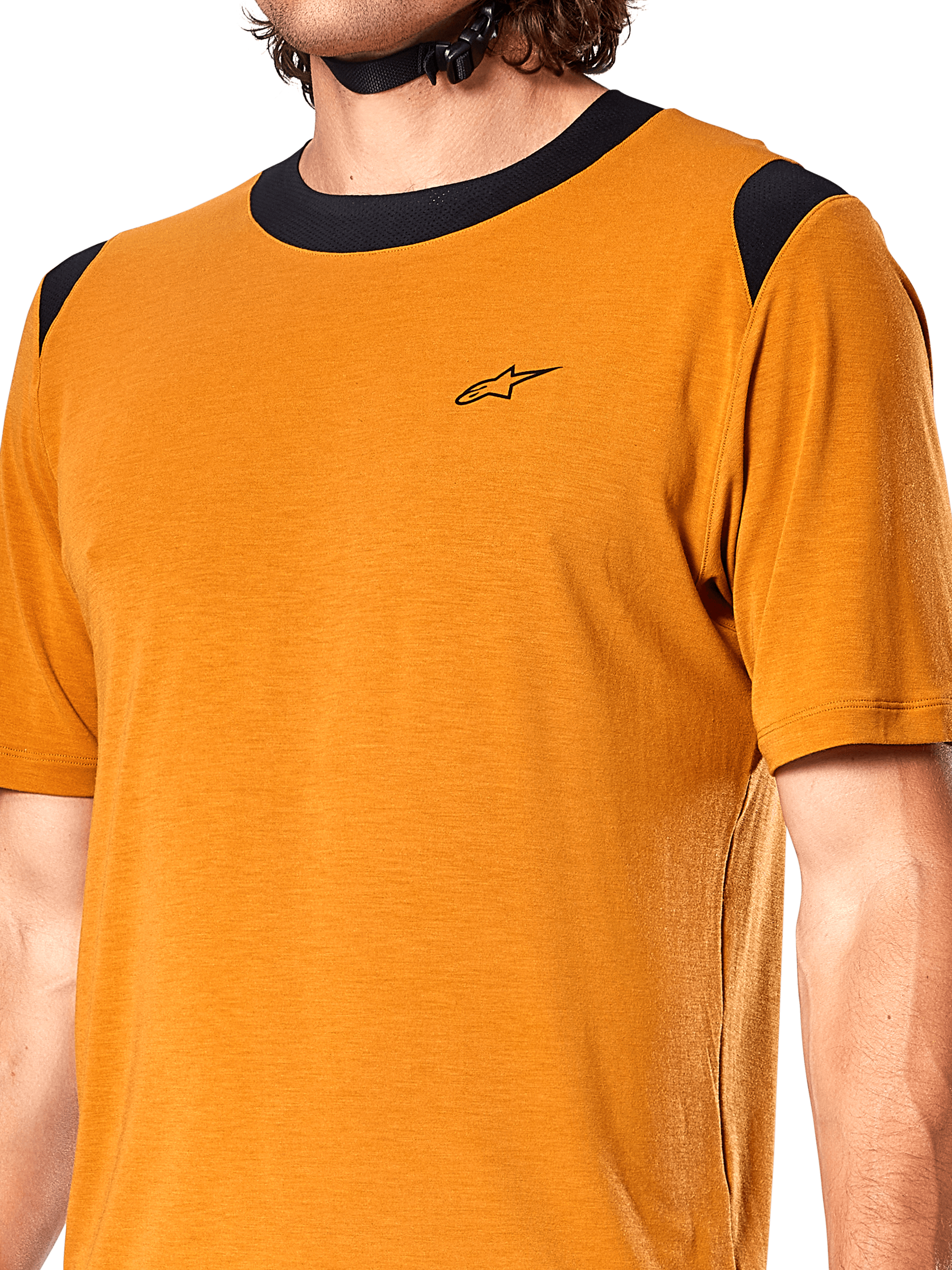Alpinestars A-Dura Dri Wool Jersey, Short Sleeve Cycling Jersey, Dark Gold, black mesh collar and shoulder panels, small black chest logo, close-up front view