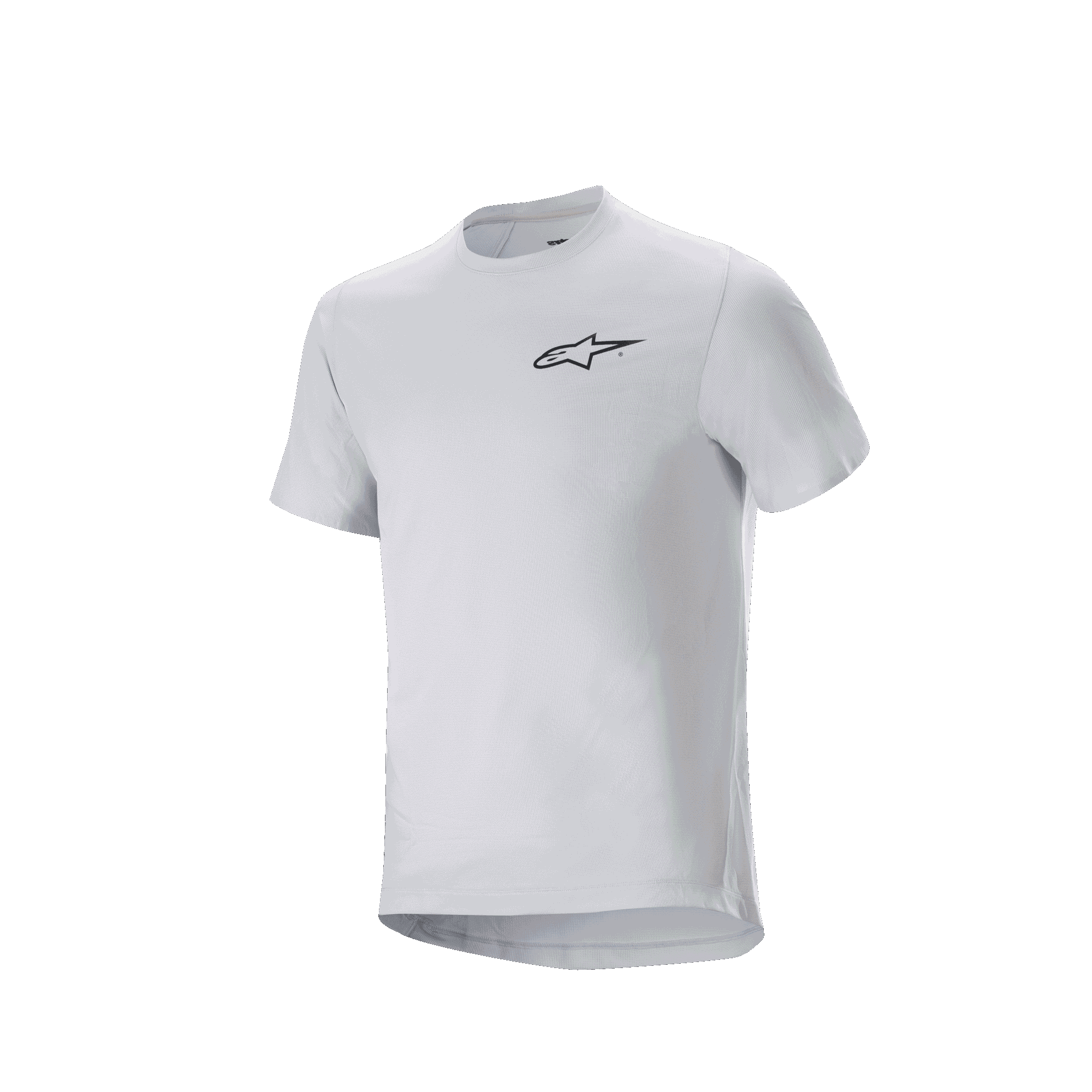 Alpinestars A-Aria Astar Jersey, koszulka rowerowa z krótkim rękawem, kolor White Dove, małe czarne logo Alpinestars na piersi, sportowy krój z wydłużonym tyłem do jazdy MTB