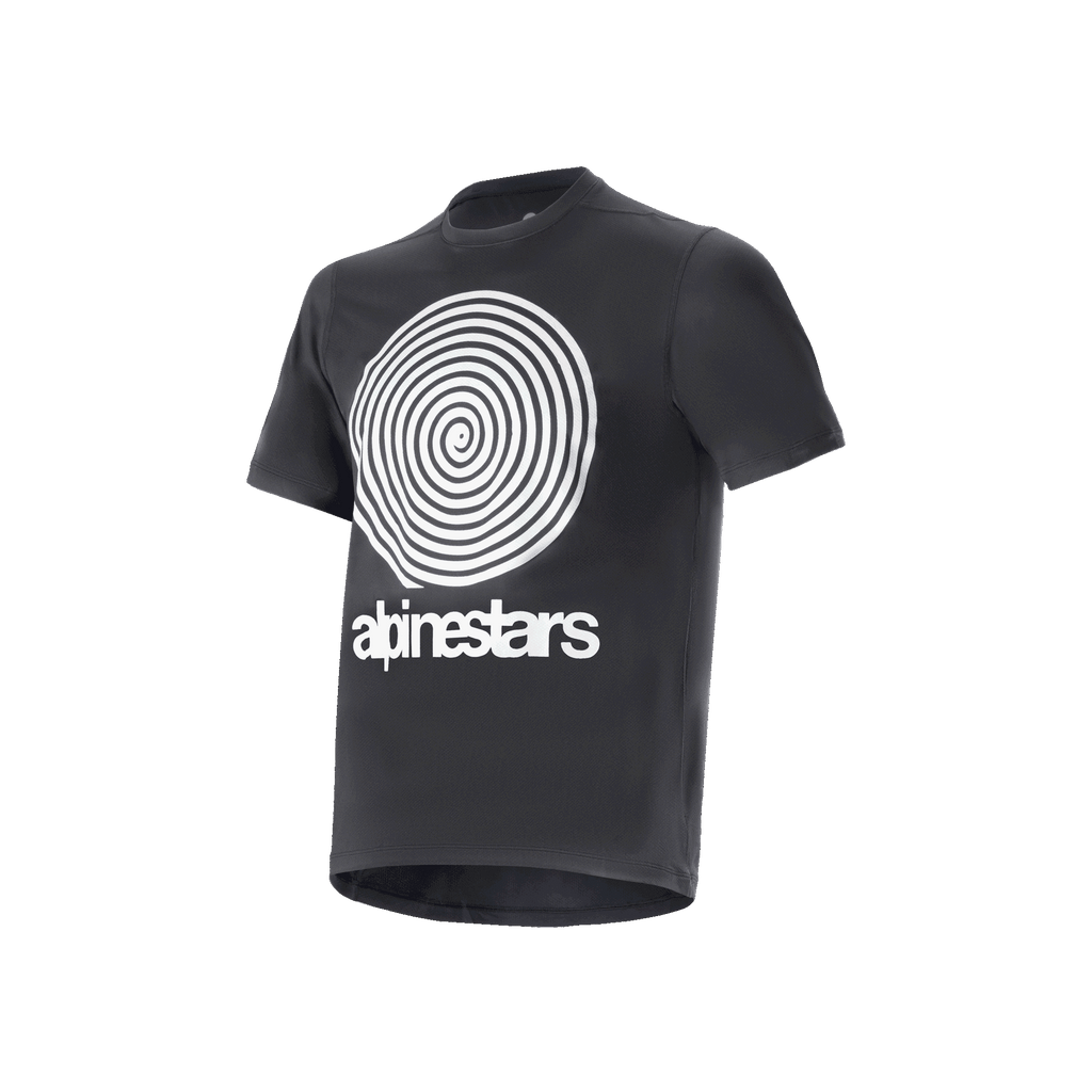 Alpinestars A-Dura Oscar Jersey, koszulka rowerowa MTB z krótkim rękawem, czarna, biała spiralna grafika vintage Oscar i logotyp, techniczna odzież rowerowa