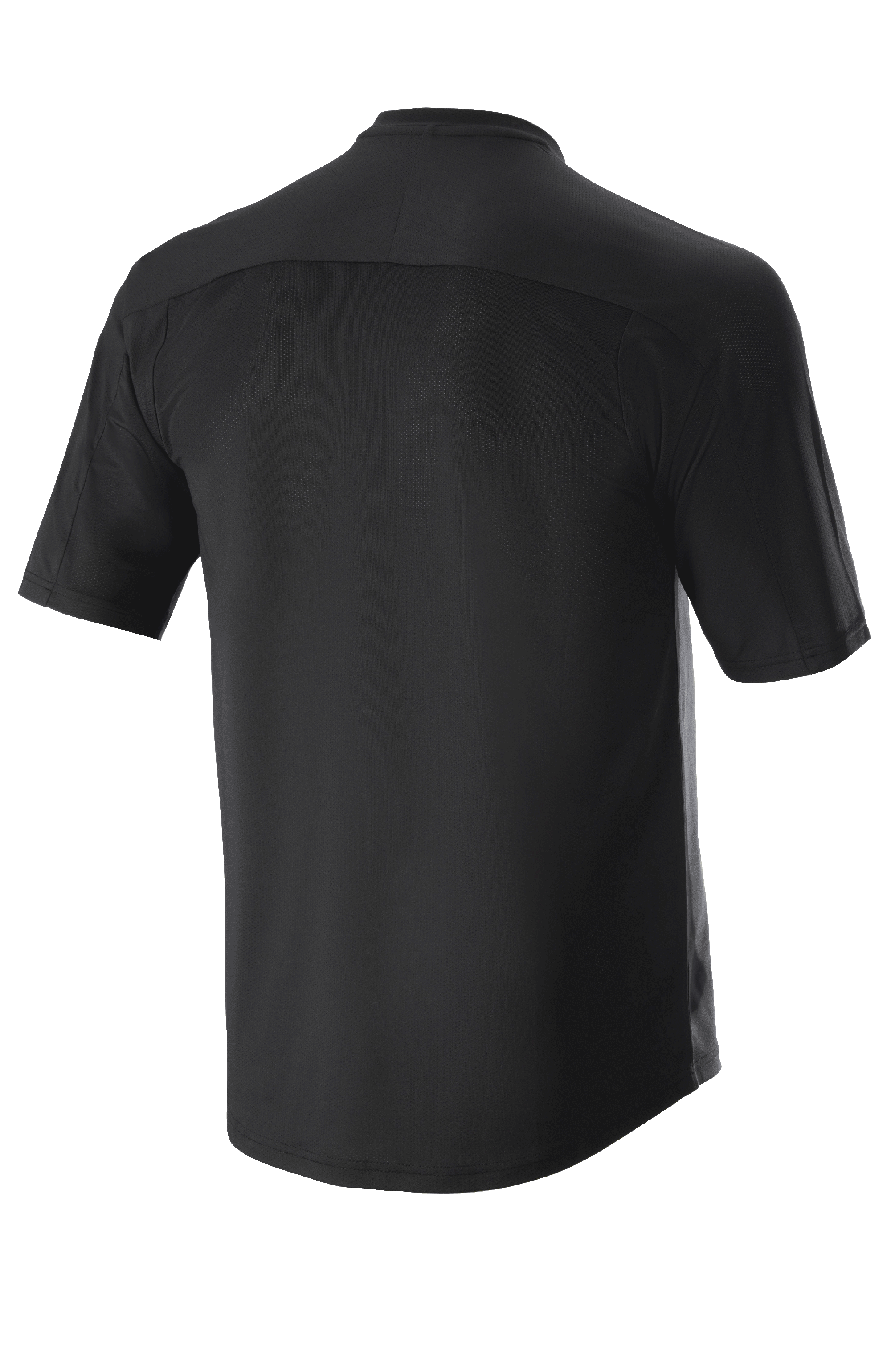 Alpinestars Drop Meta Jersey - krótki rękaw, czarna, widok z tyłu z unikalnym karczkiem na ramionach i szwami na rękawach, przedłużony tył dla lepszej osłony, lekka oddychająca siateczka do kolarstwa górskiego