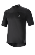 Alpinestars Drop Meta Jersey, koszulka rowerowa MTB z krótkim rękawem, czarna, lekka siateczkowa tkanina, małe białe logo na piersi, okrągły kołnierzyk i przedłużony tył dla lepszej osłony pleców