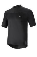 Alpinestars Drop Meta Jersey, koszulka rowerowa MTB z krótkim rękawem, czarna, lekka siateczkowa tkanina, małe białe logo na piersi, okrągły kołnierzyk i przedłużony tył dla lepszej osłony pleców