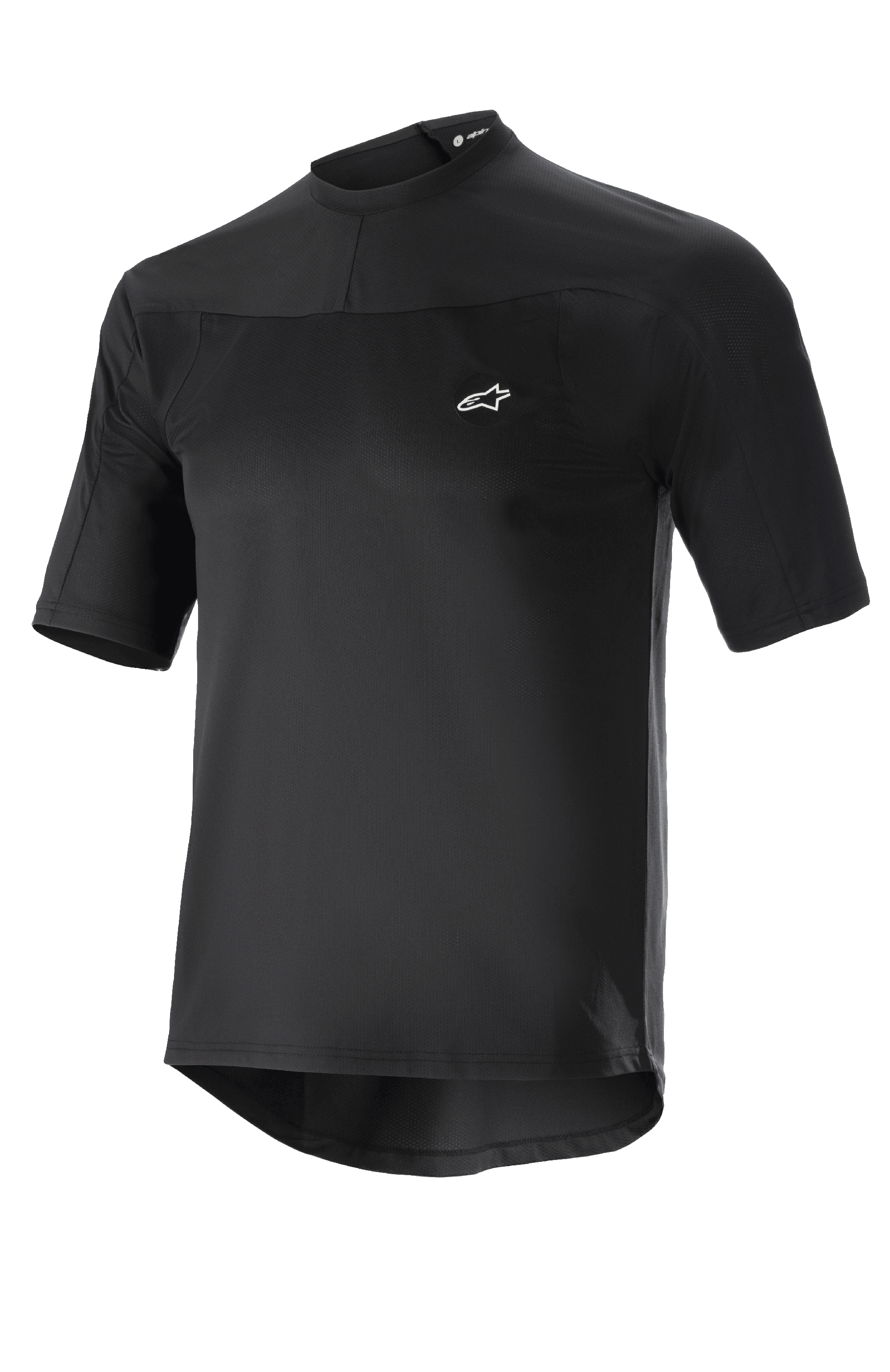 Alpinestars Drop Meta Jersey, koszulka rowerowa MTB z krótkim rękawem, czarna, lekka siateczkowa tkanina, małe białe logo na piersi, okrągły kołnierzyk i przedłużony tył dla lepszej osłony pleców
