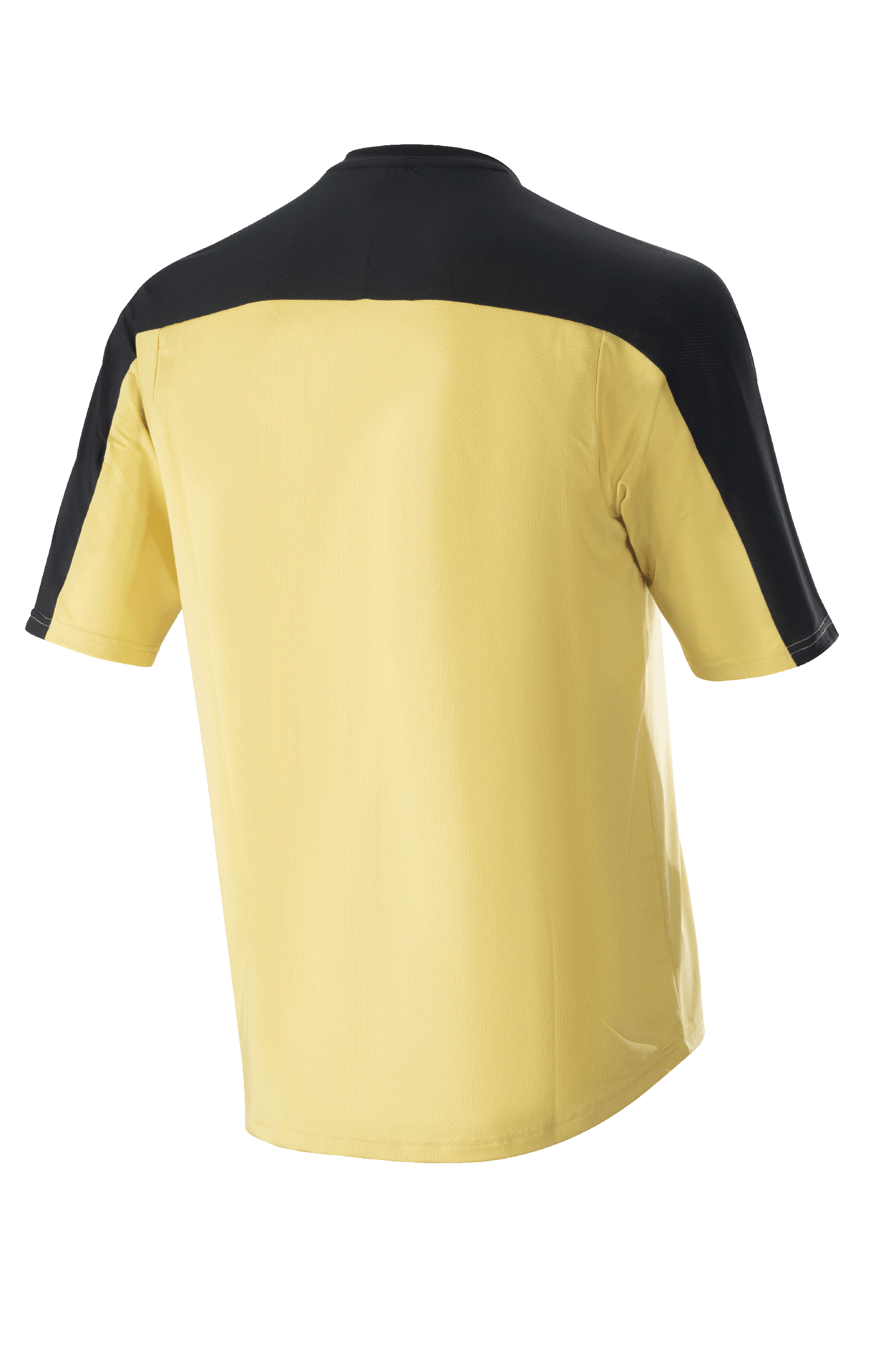 Alpinestars Drop Meta Jersey - krótki rękaw, koszulka rowerowa MTB, złota z czarnym karczkiem i panelami na rękawach, widok z tyłu, przedłużony tył dla lepszej osłony, lekki materiał z siateczki