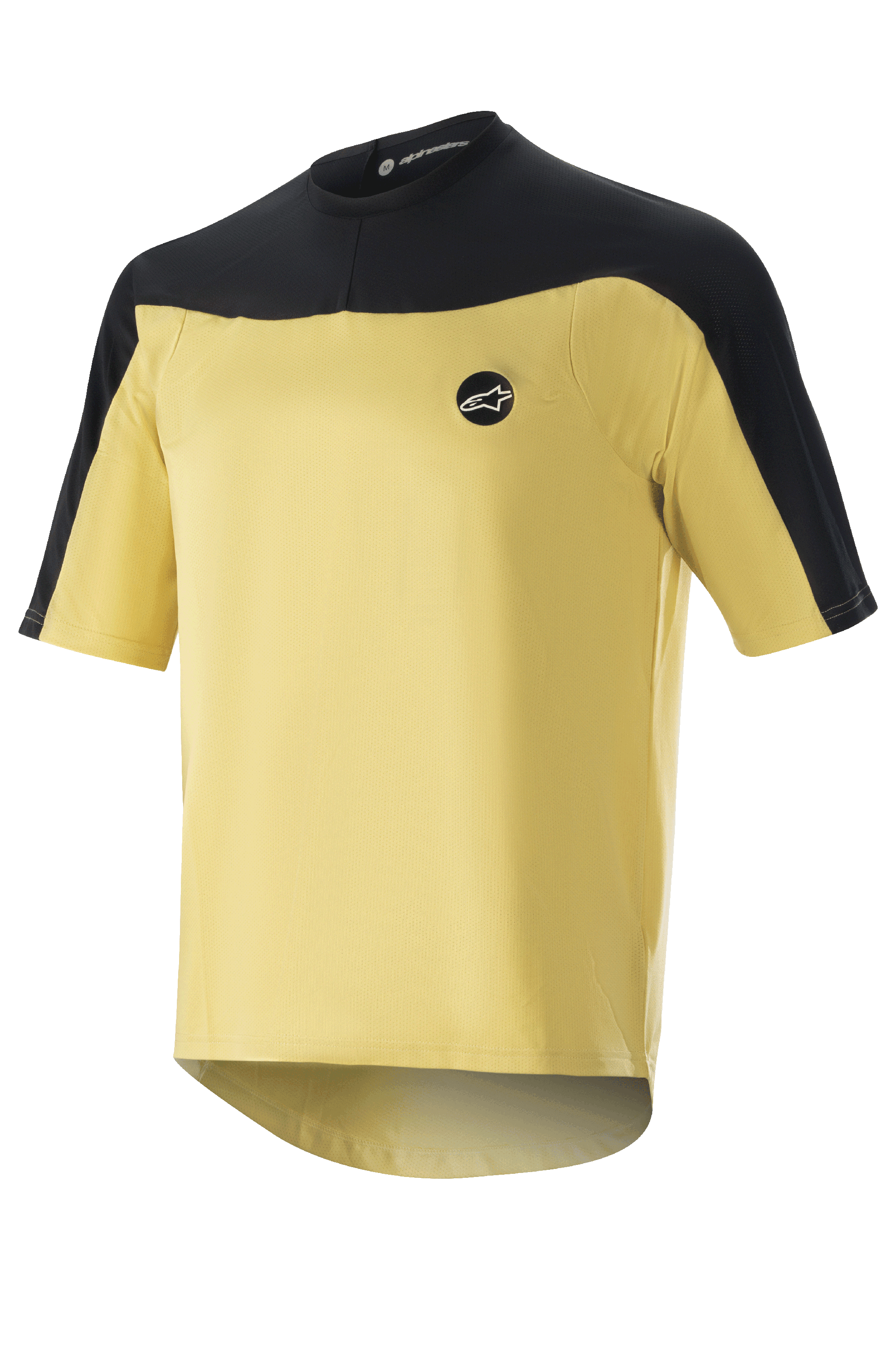 Alpinestars Drop Meta Jersey - Short Sleeve, koszulka rowerowa MTB, złota i czarna, siateczkowa konstrukcja z kontrastowymi panelami na ramionach, okrągłe logo na piersi i przedłużony tył
